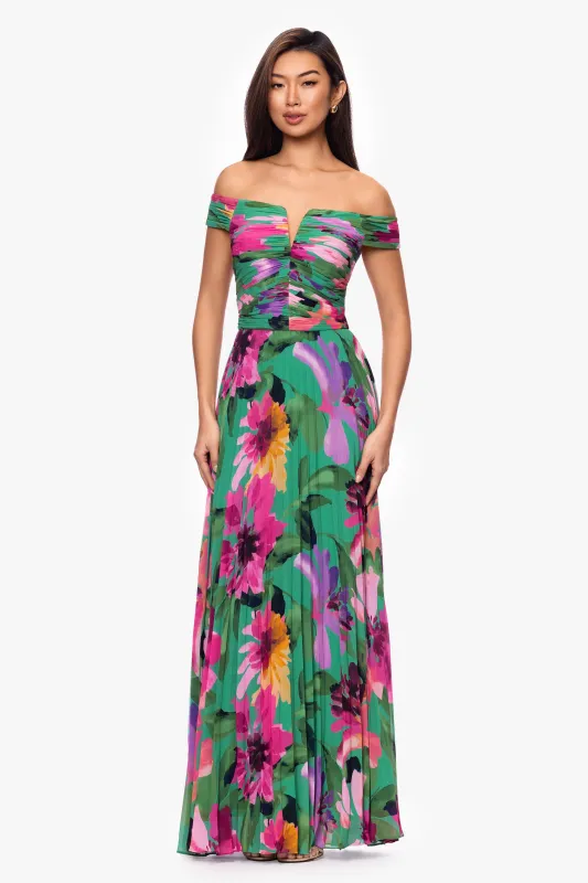 "Eileen" Chiffon Print Pleated Off The Shoulder Floor Length Dress sold by Xscape