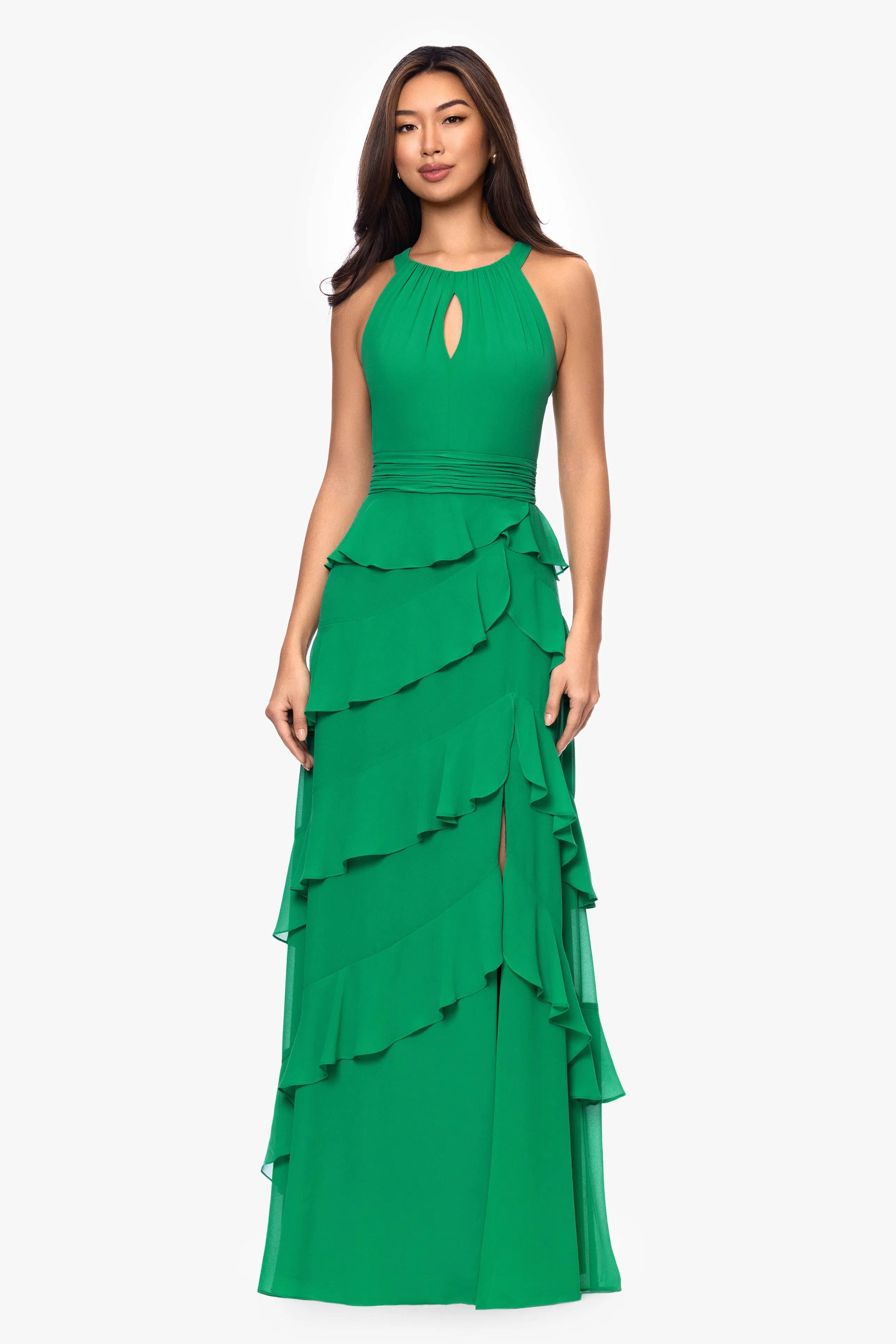 "Emmy" Chiffon Tiered Keyhole Floor Length Dress sold by Xscape