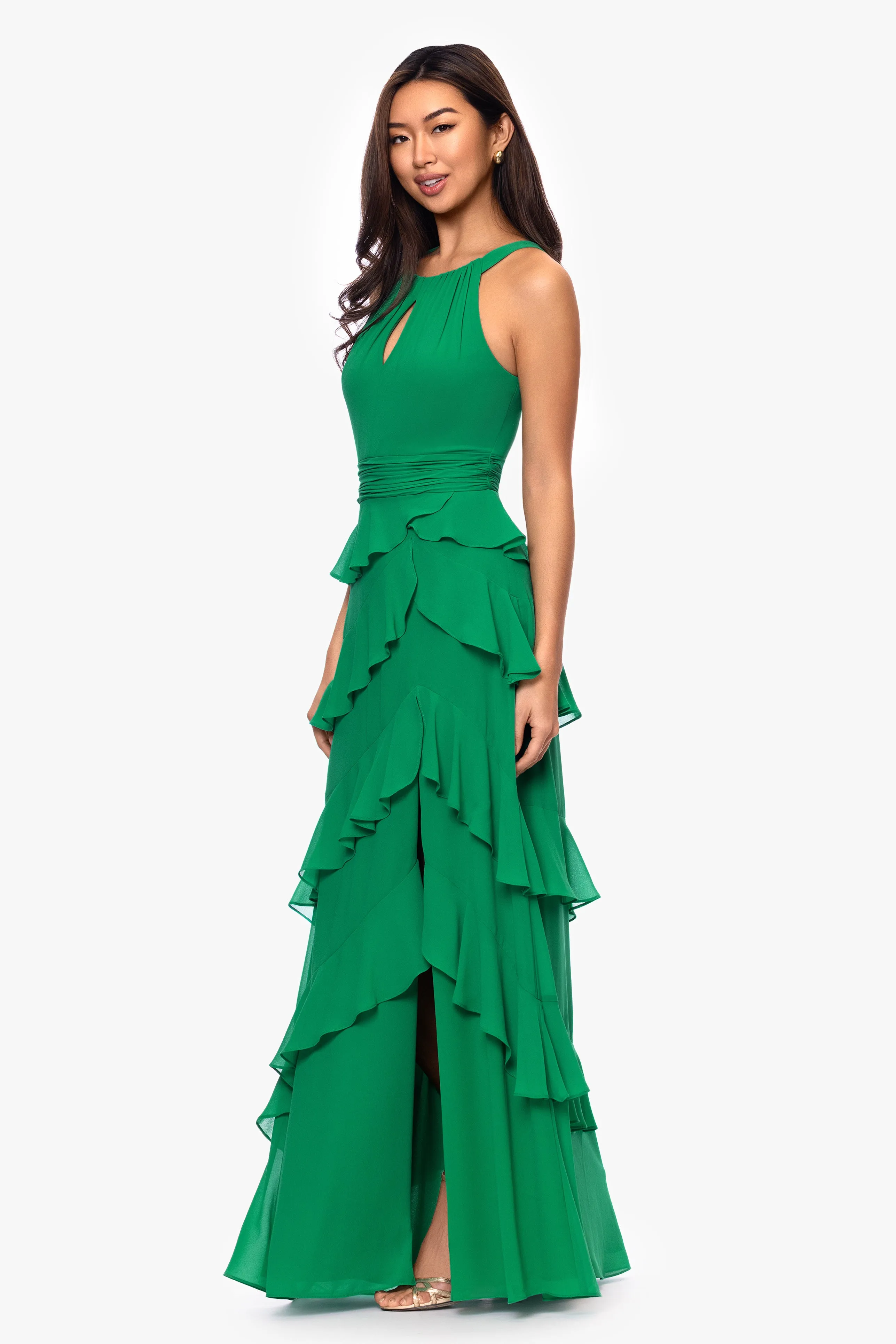 "Emmy" Chiffon Tiered Keyhole Floor Length Dress sold by Xscape product image thumbnail 4