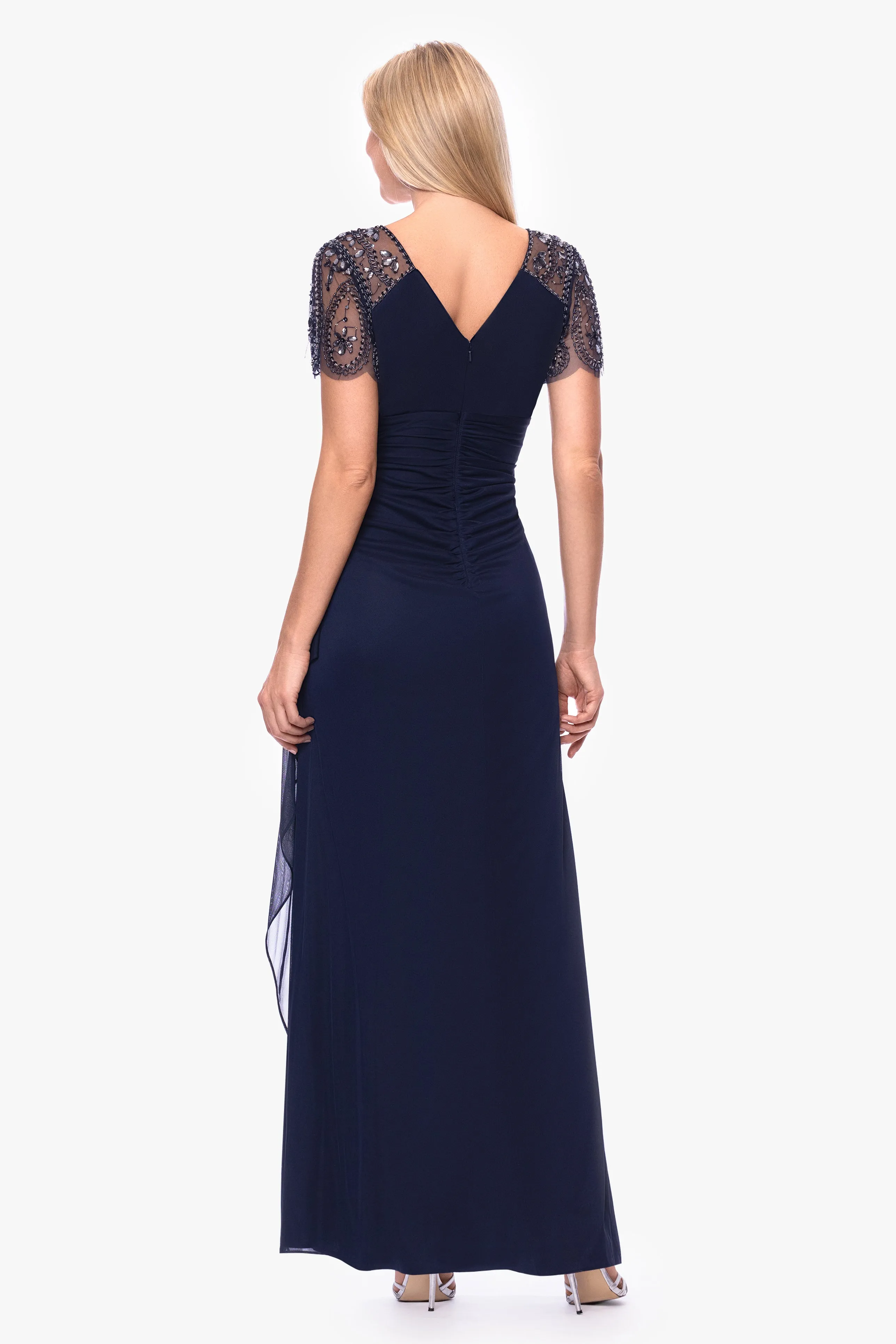 "Lana" Long V-Neck Beaded Flutter Sleeve Dress sold by Xscape product image thumbnail 3