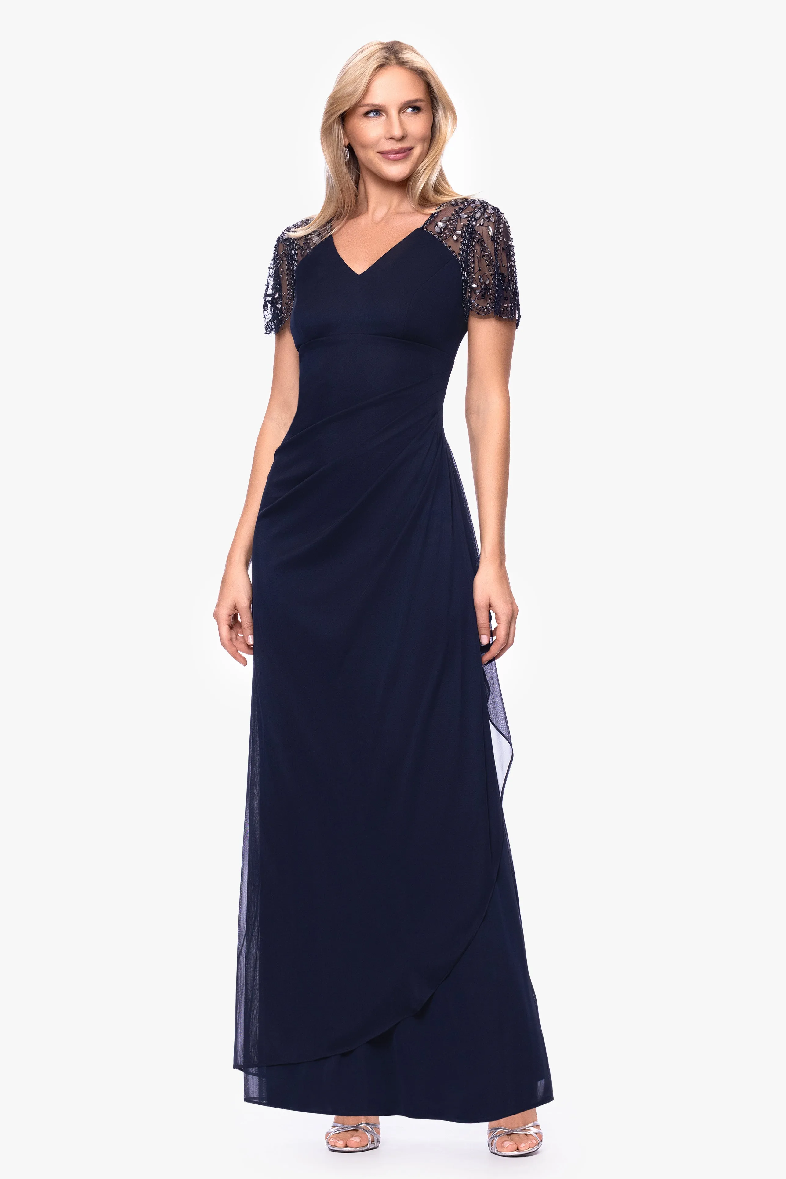 "Lana" Long V-Neck Beaded Flutter Sleeve Dress sold by Xscape product image thumbnail 5