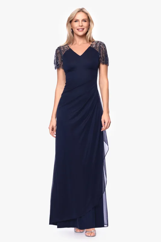 "Lana" Long V-Neck Beaded Flutter Sleeve Dress made by Xscape