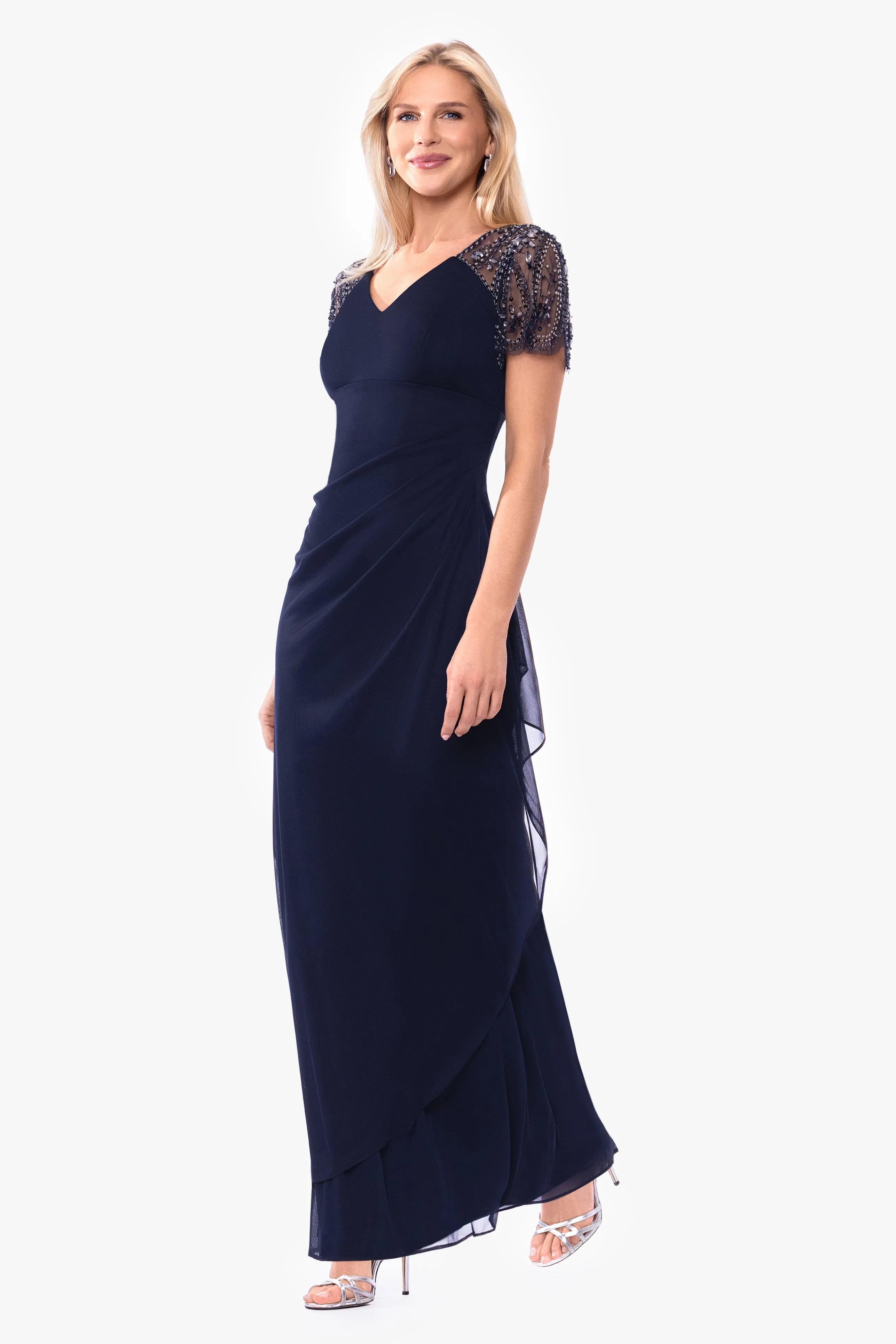 "Lana" Long V-Neck Beaded Flutter Sleeve Dress sold by Xscape product image thumbnail 4