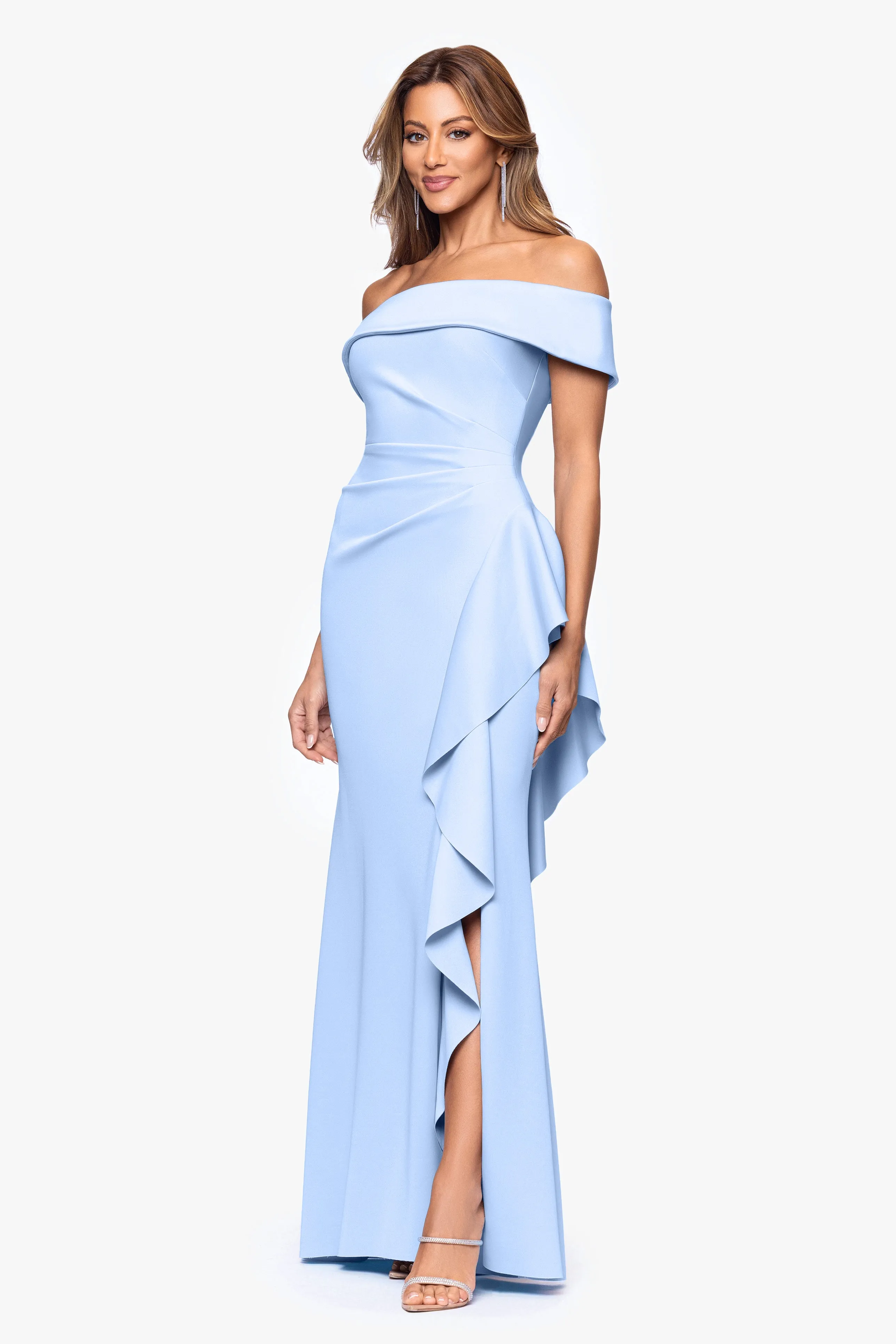 "Dolly" Techno Scuba Off the Shoulder Ruffle Floor Length Dress sold by Xscape product image thumbnail 4