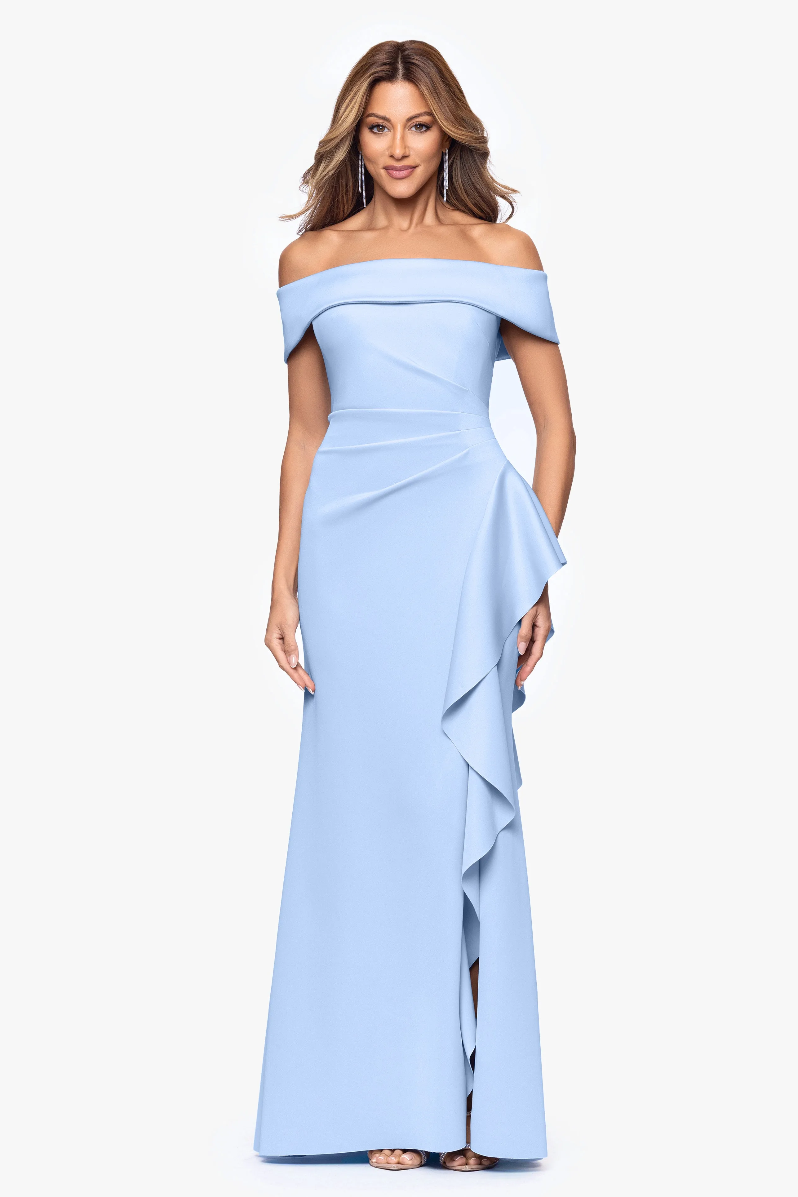 "Dolly" Techno Scuba Off the Shoulder Ruffle Floor Length Dress sold by Xscape