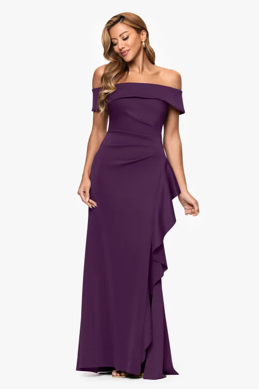 "Dolly" Techno Scuba Off the Shoulder Ruffle Floor Length Dress made by Xscape