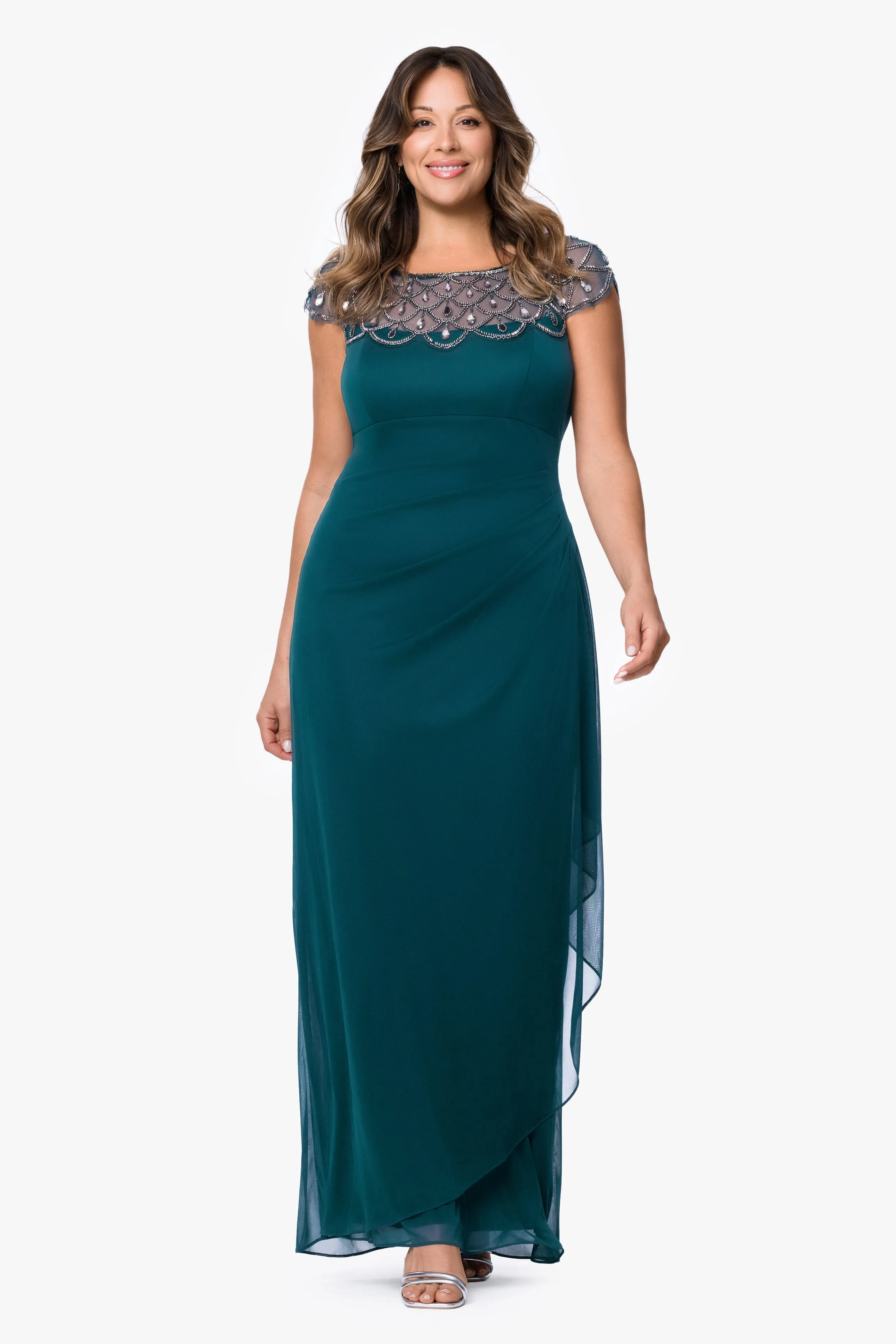 Plus "Khloe" Sheer Matter Jersey Embellished Ruffle Dress sold by Xscape