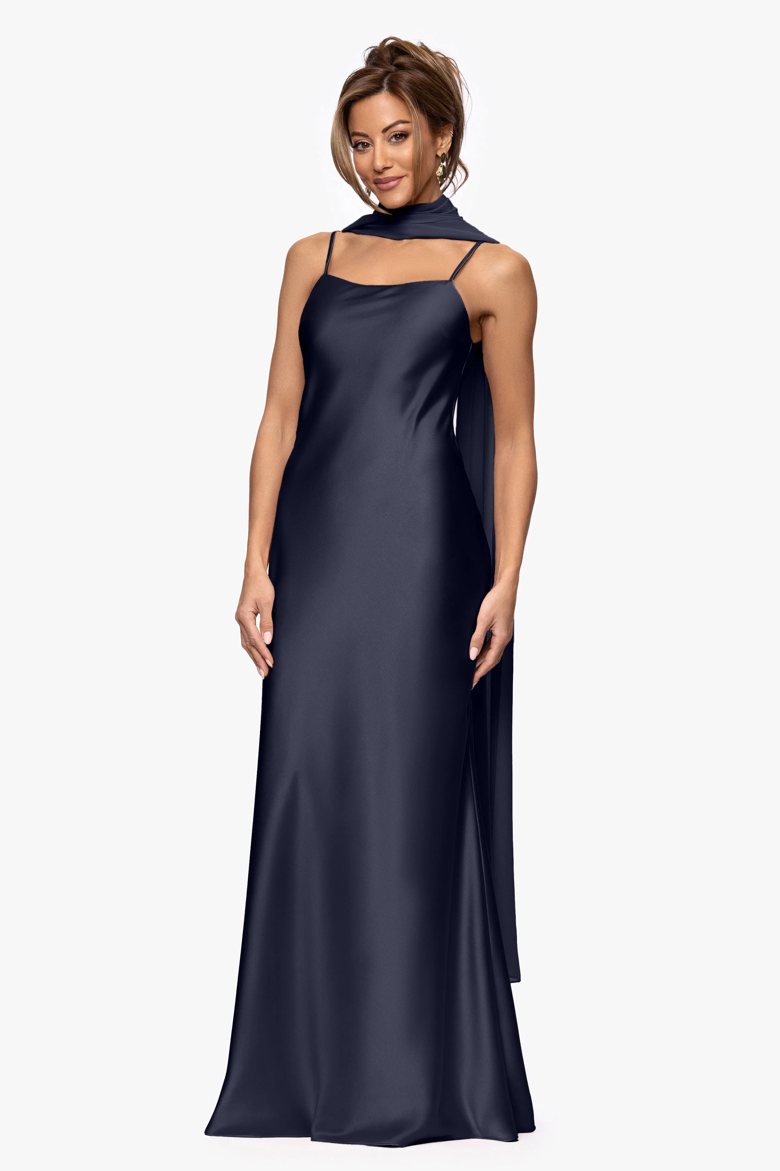 "Laura" Satin Floor-Length Dress with Removable Chiffon Shawl sold by Xscape product image thumbnail 5