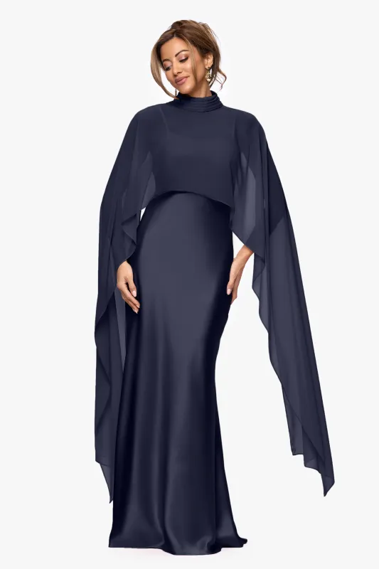 "Laura" Satin Floor-Length Dress with Removable Chiffon Shawl made by Xscape