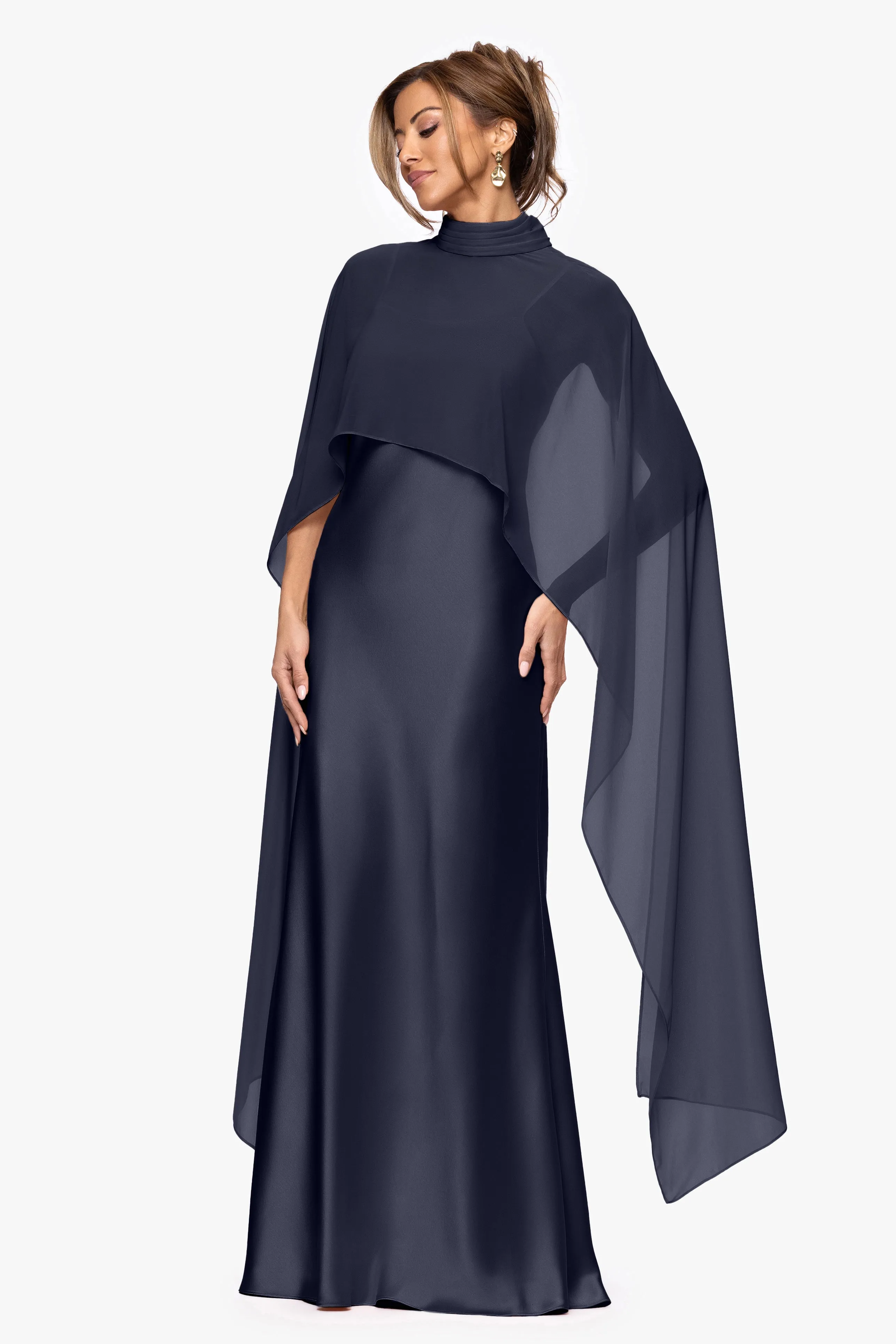"Laura" Satin Floor-Length Dress with Removable Chiffon Shawl sold by Xscape product image thumbnail 4