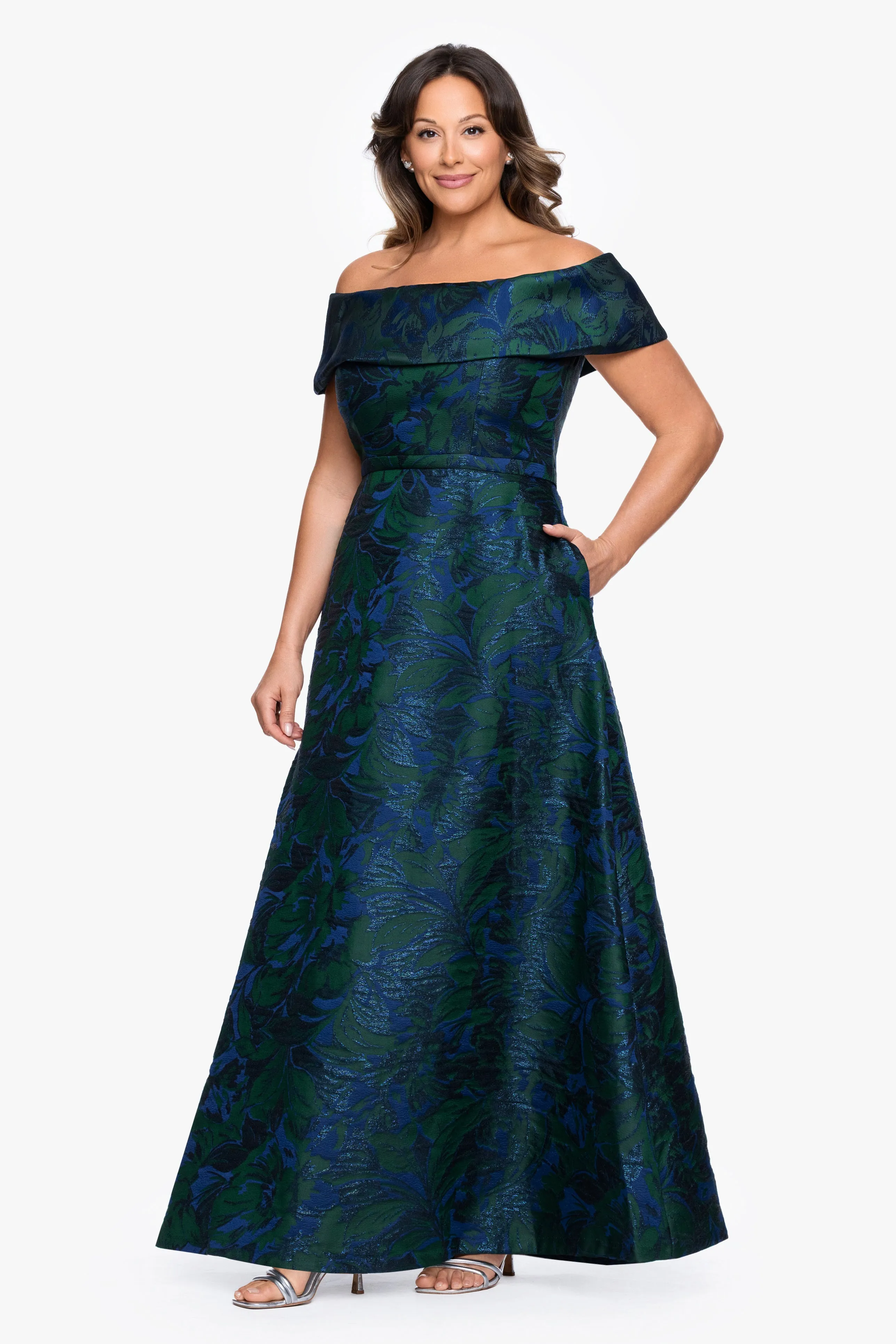 Plus "June" Jacquard Off the Shoulder Floor Length Dress sold by Xscape product image thumbnail 4