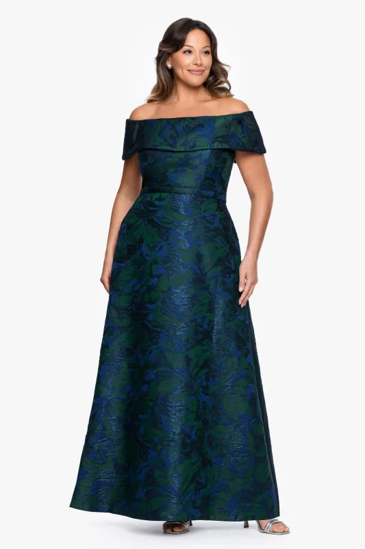 Plus "June" Jacquard Off the Shoulder Floor Length Dress made by Xscape