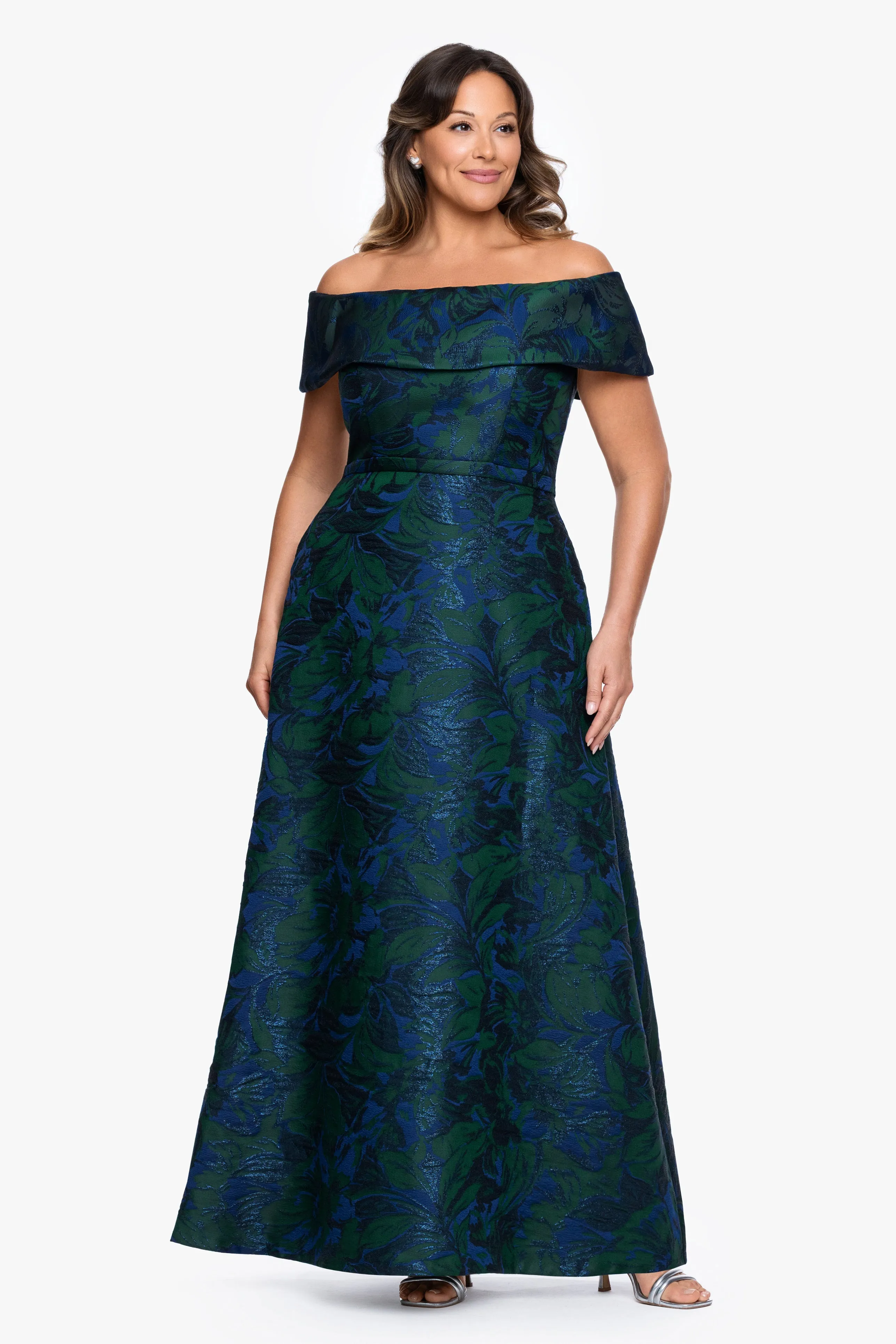 Plus "June" Jacquard Off the Shoulder Floor Length Dress sold by Xscape