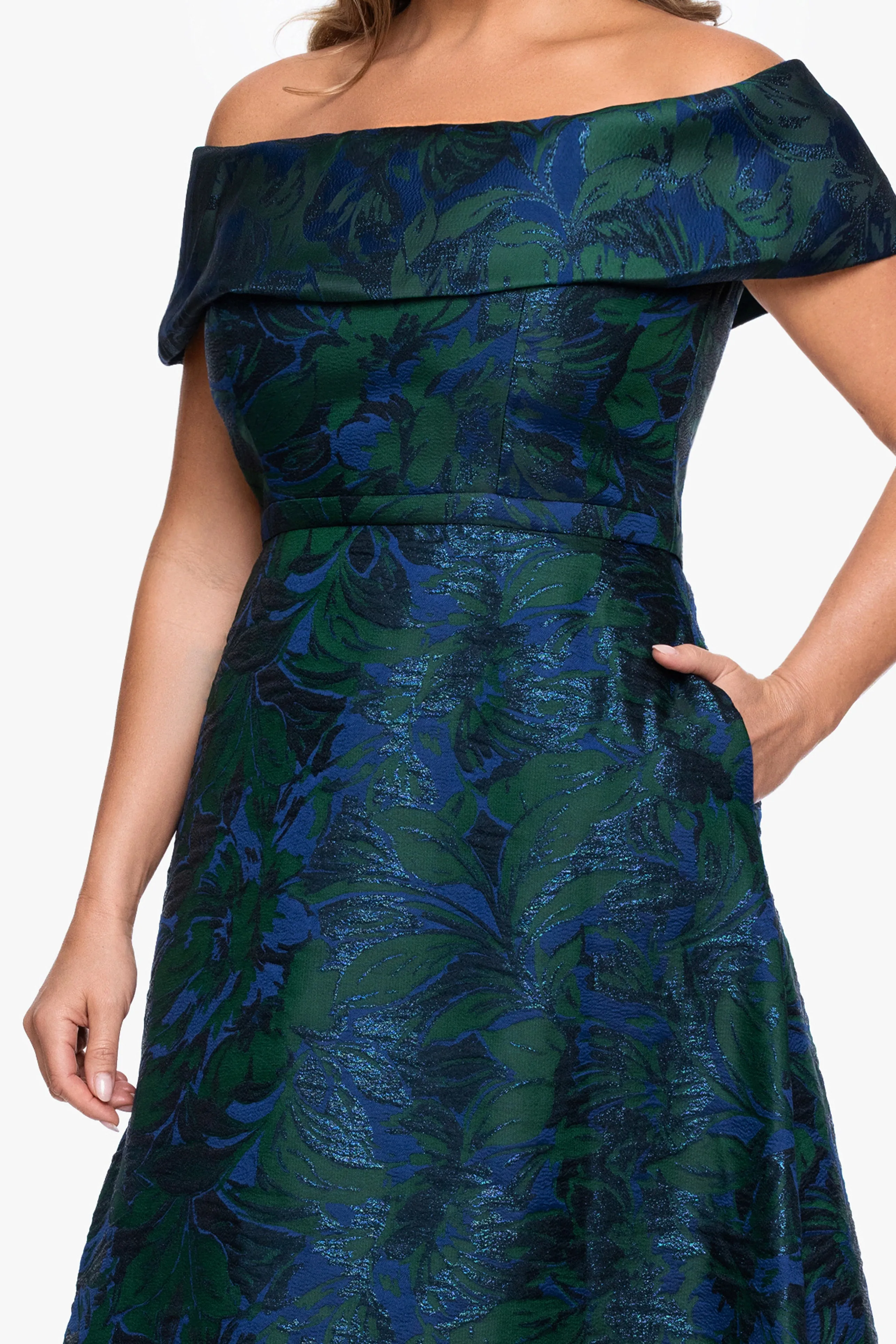 Plus "June" Jacquard Off the Shoulder Floor Length Dress sold by Xscape product image thumbnail 2