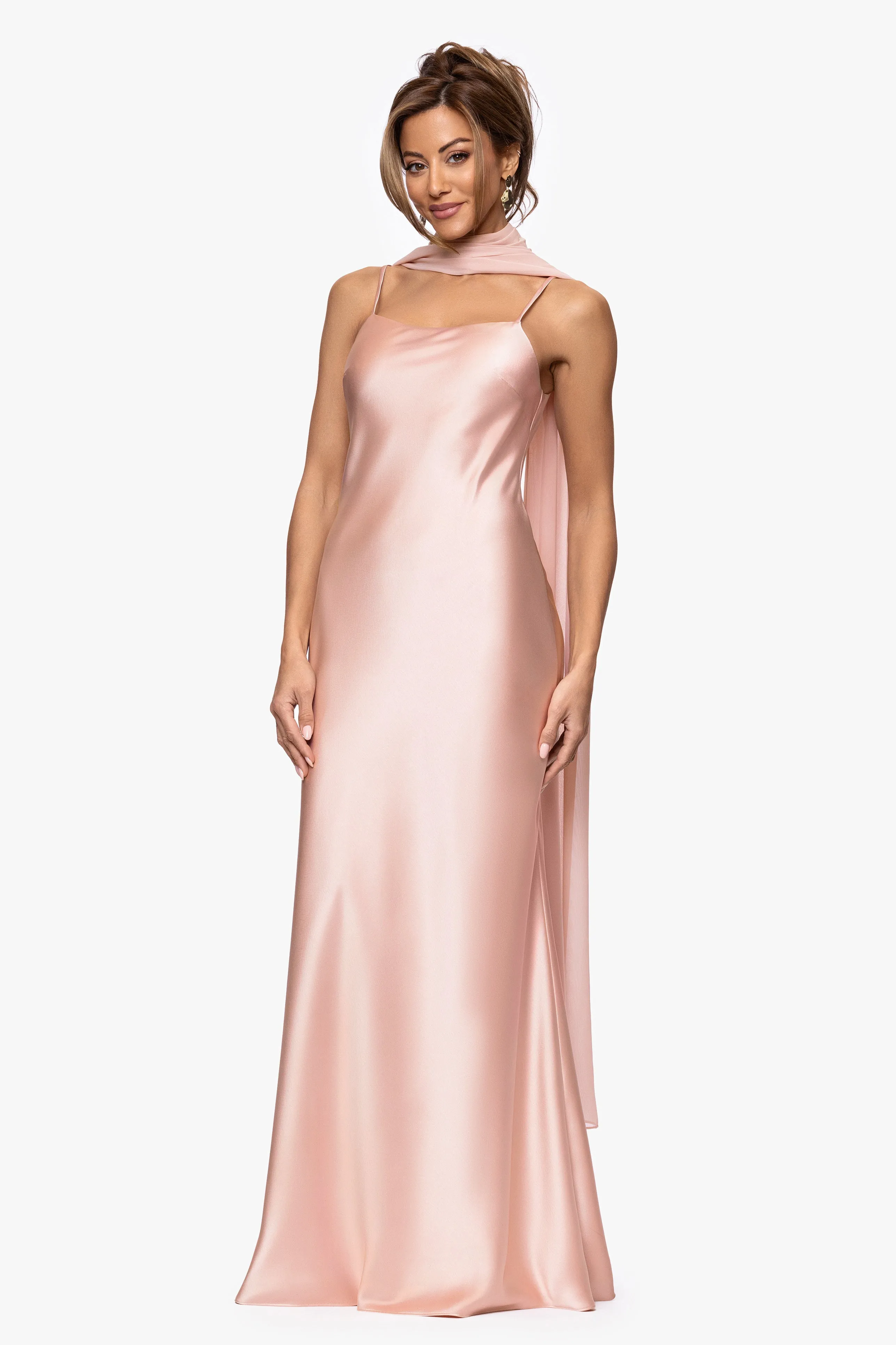 "Laura" Satin Floor-Length Dress with Removable Chiffon Shawl sold by Xscape product image thumbnail 2