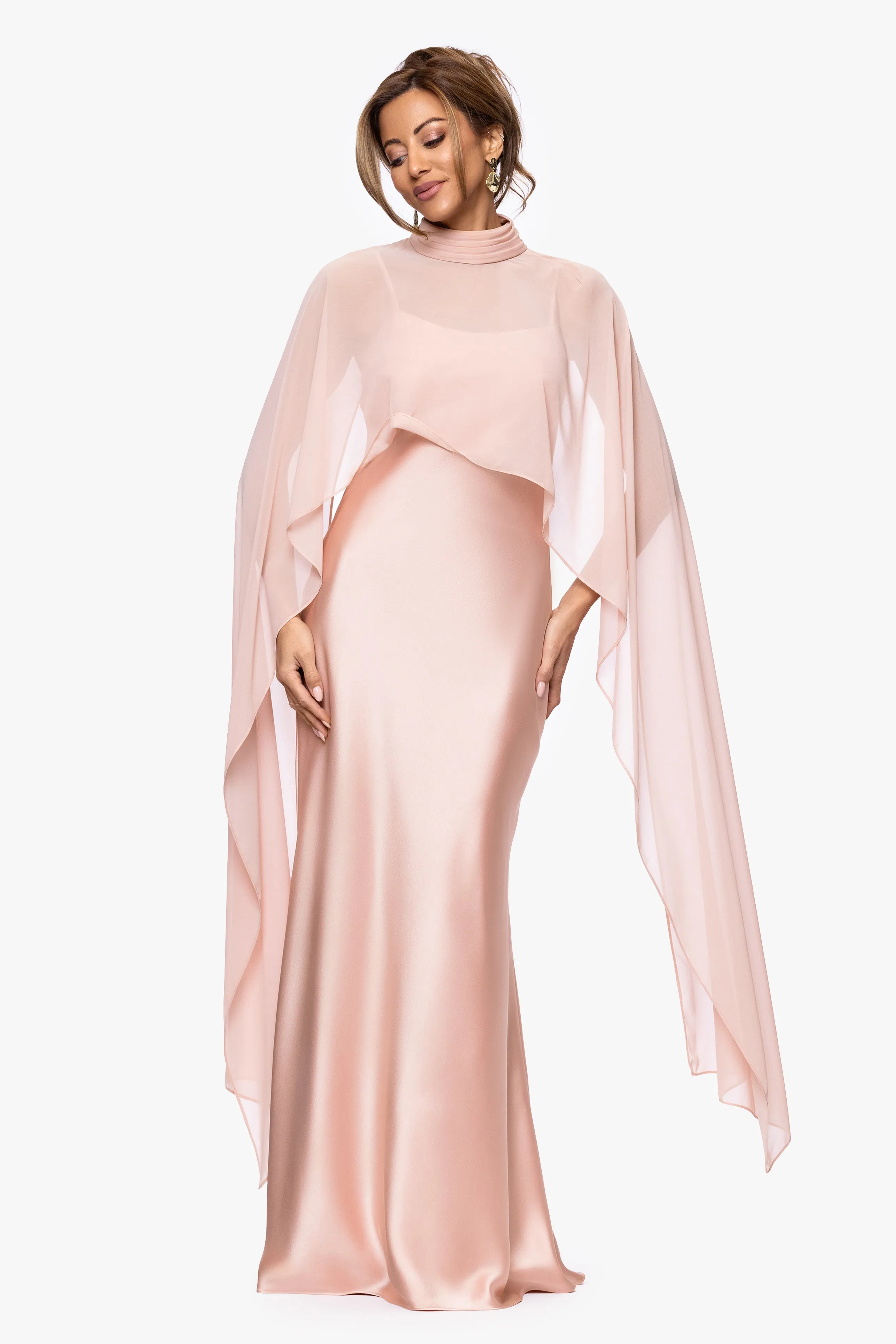 "Laura" Satin Floor-Length Dress with Removable Chiffon Shawl sold by Xscape