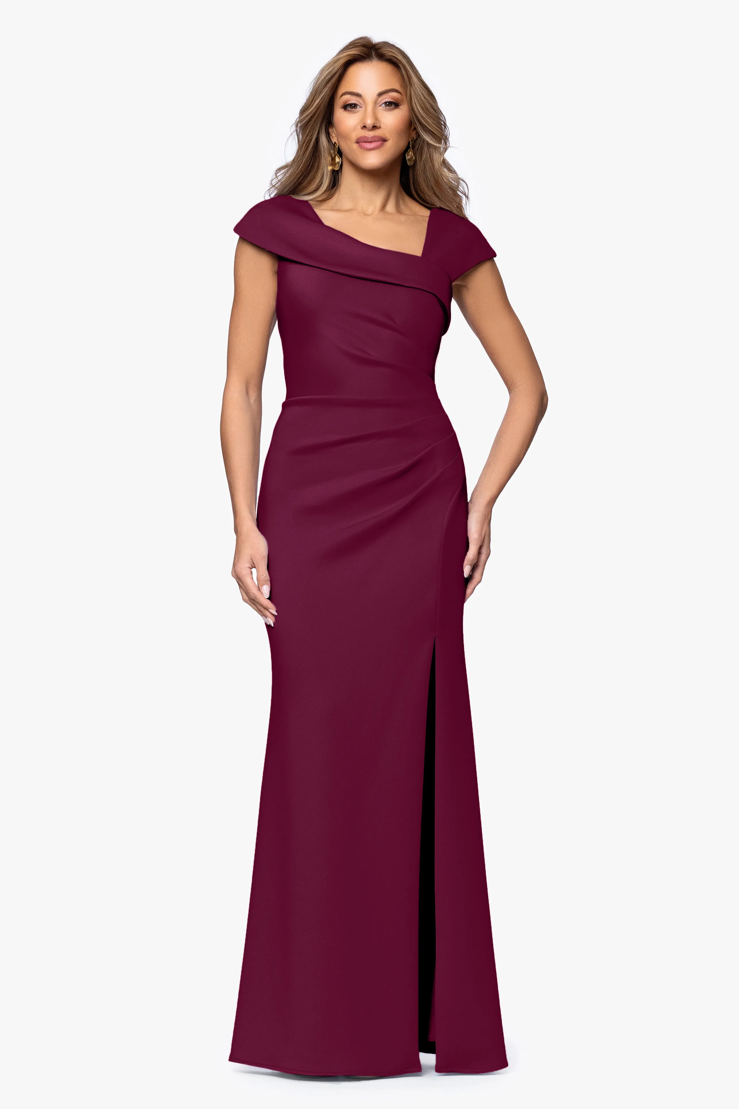 Petite "Patti" Long Off the Shoulder Techno Scuba Dress sold by Xscape