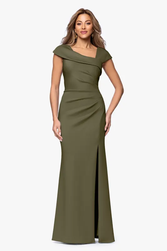Petite "Lenore " Long Asymmetrical Neckline Techno Scuba Dress made by Xscape