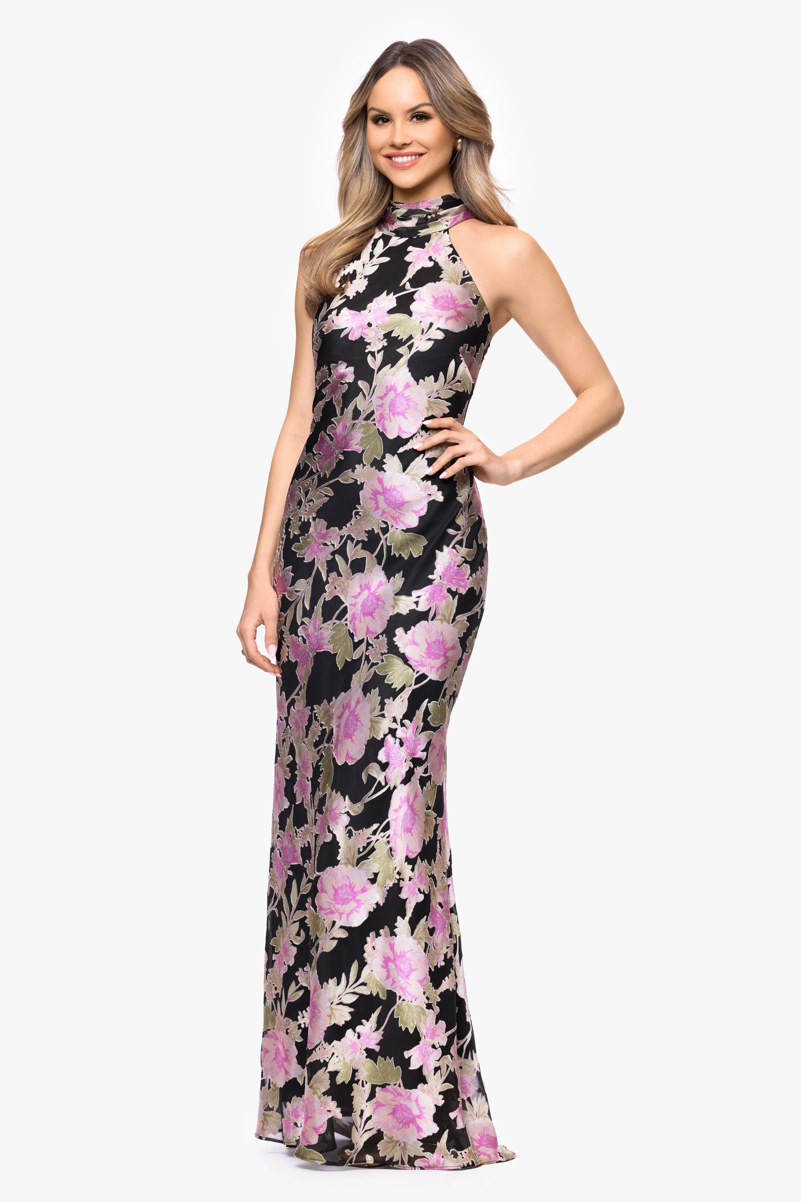 "Elliot" Burnout Chiffon Halter Tie Long Dress sold by Xscape product image thumbnail 4