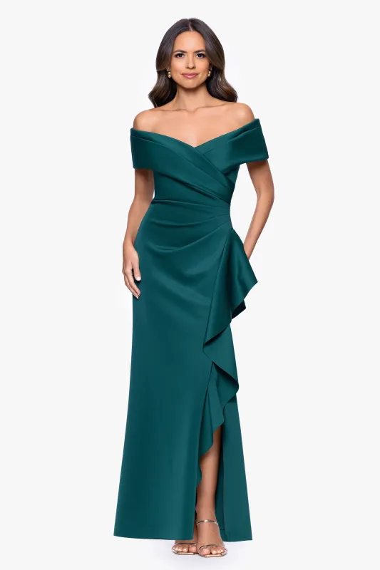 "Pearl" Techno Scuba Off the Shoulder Ruffle Floor Length Dress made by Xscape