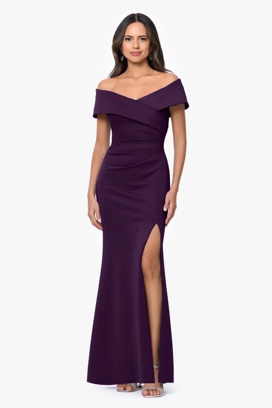 "Faye" Techno Scuba Pleated Rouche Long Dress made by Xscape