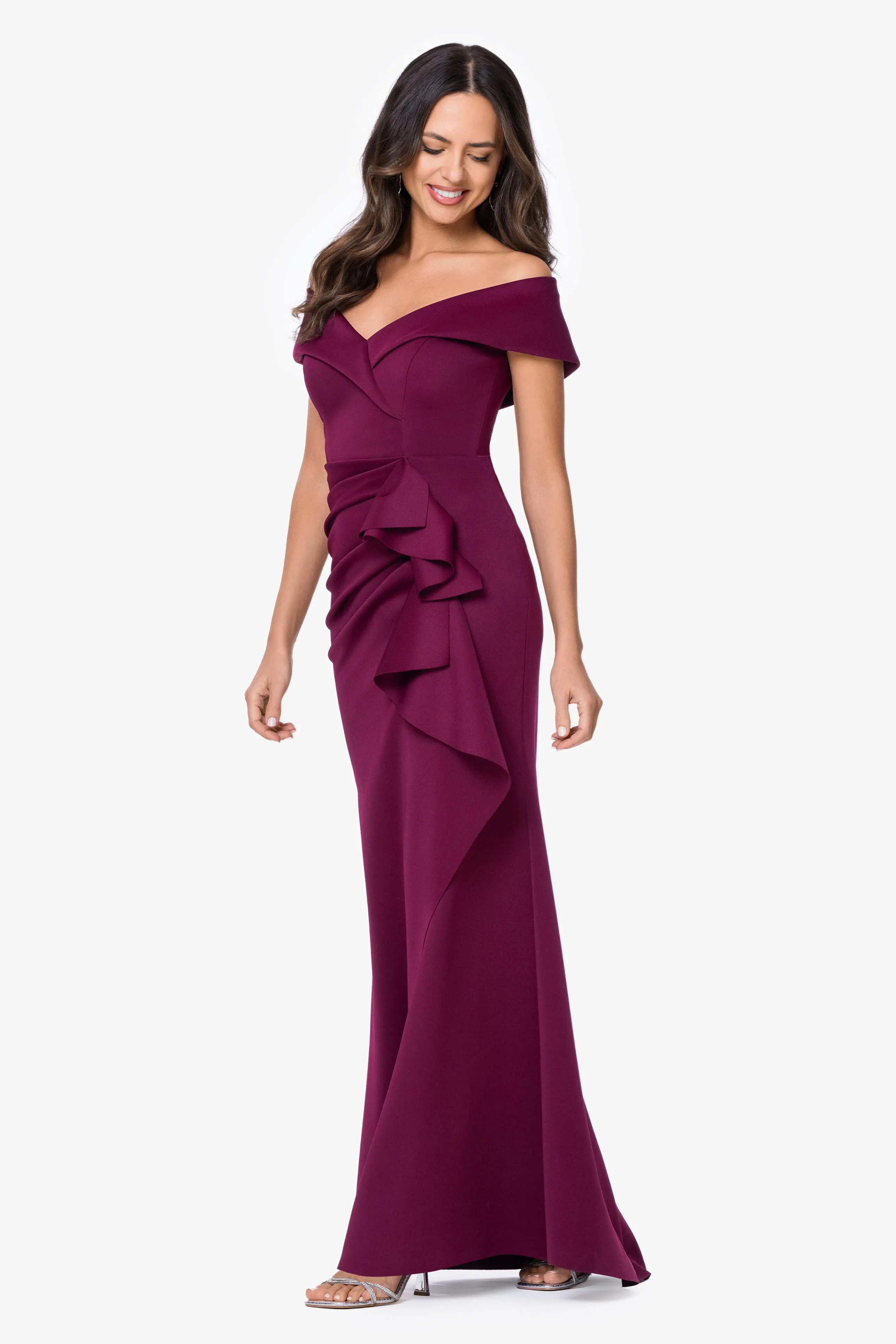 Petite "Patti" Long Off the Shoulder Techno Scuba Dress sold by Xscape product image thumbnail 4