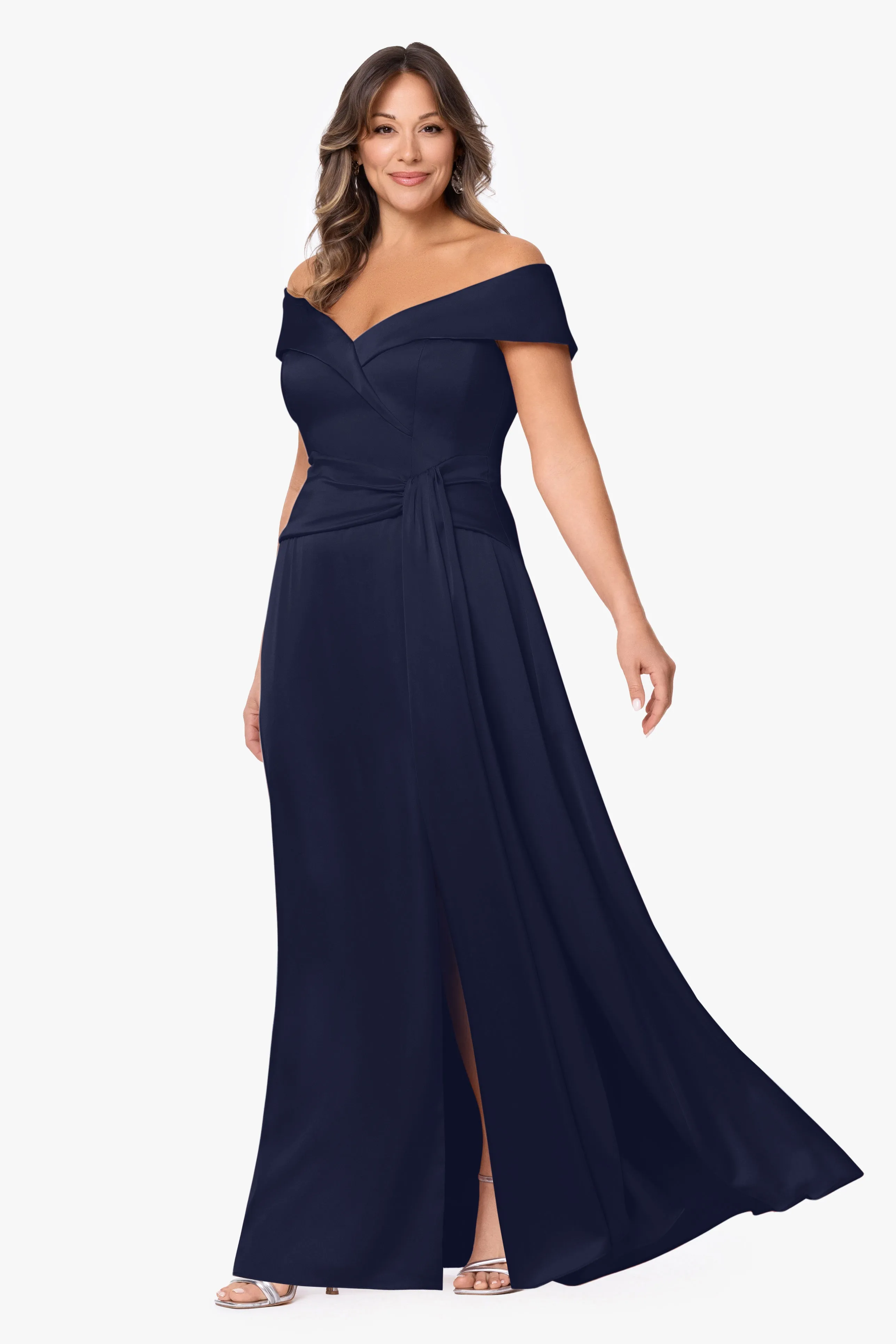 Plus "Daniella" Satin Off The Shoulder Short Sleeve Long Dress sold by Xscape product image thumbnail 4