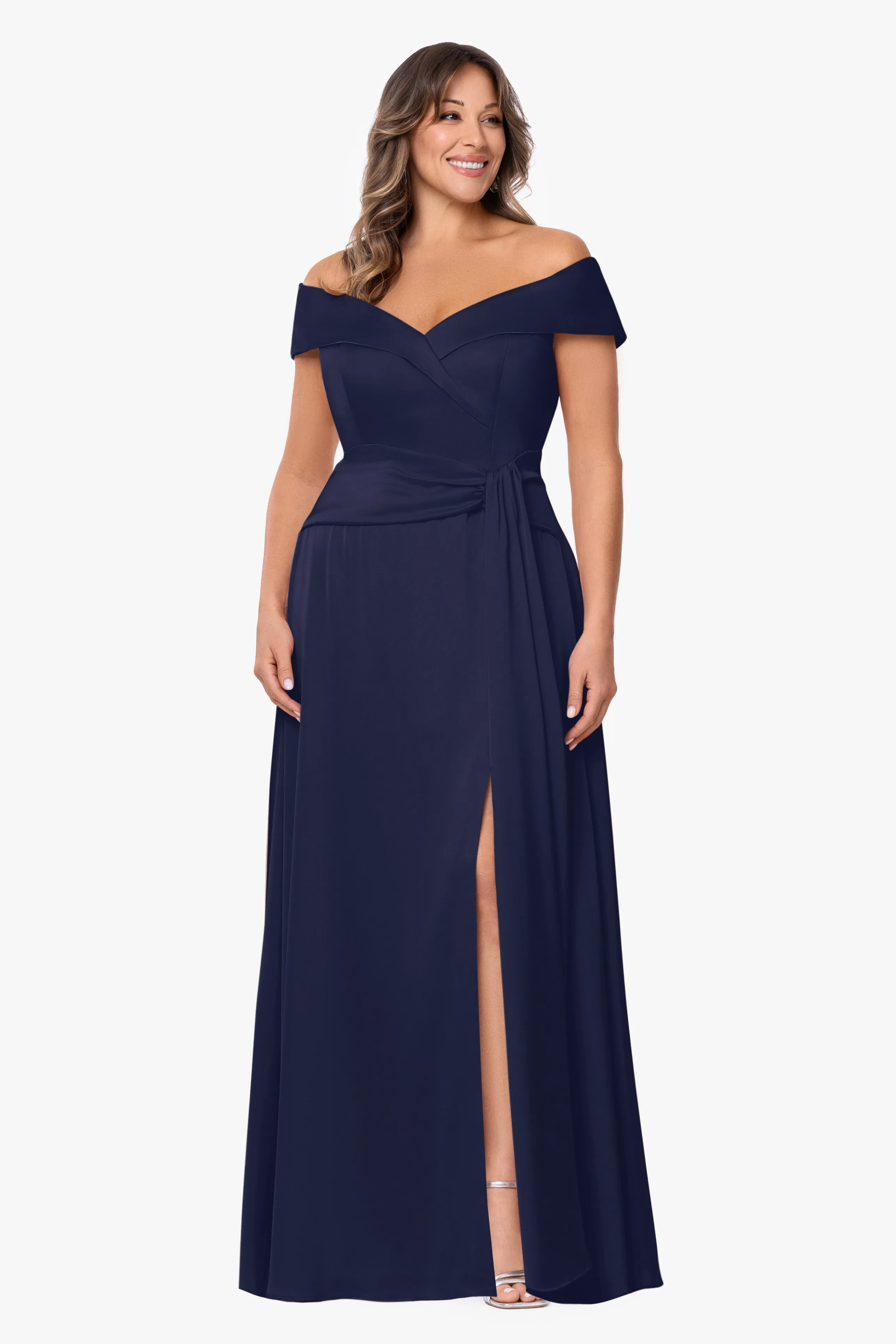 Plus "Daniella" Satin Off The Shoulder Short Sleeve Long Dress sold by Xscape product image thumbnail 5