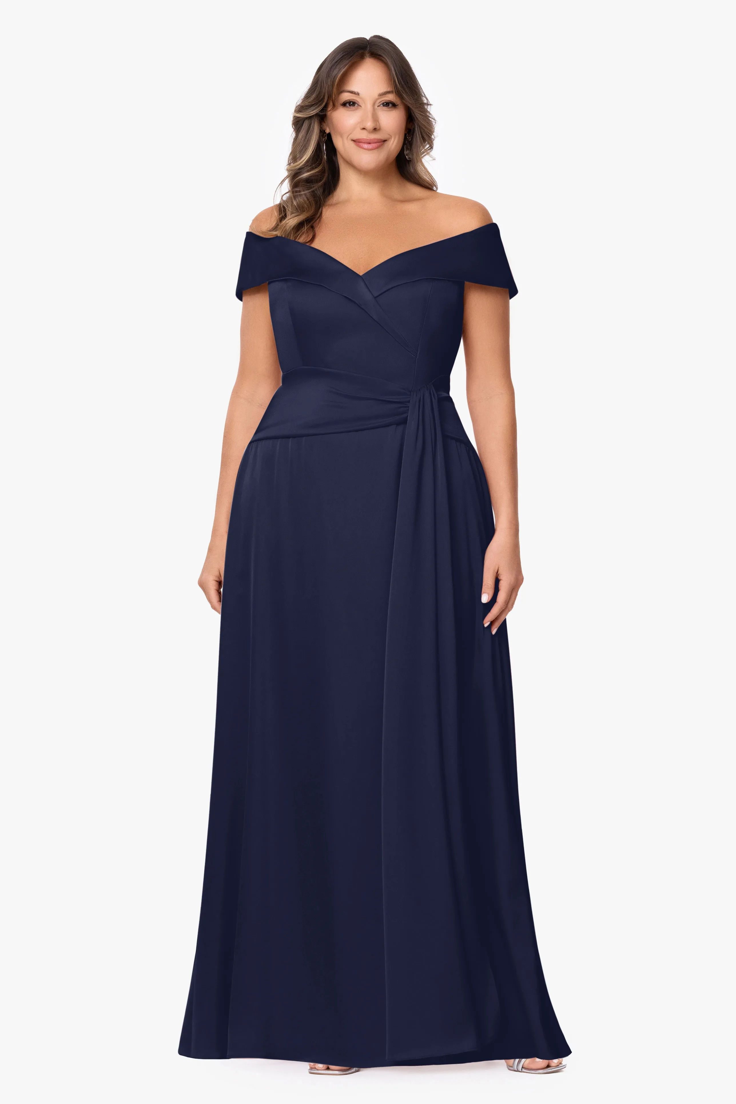 Plus "Daniella" Satin Off The Shoulder Short Sleeve Long Dress sold by Xscape