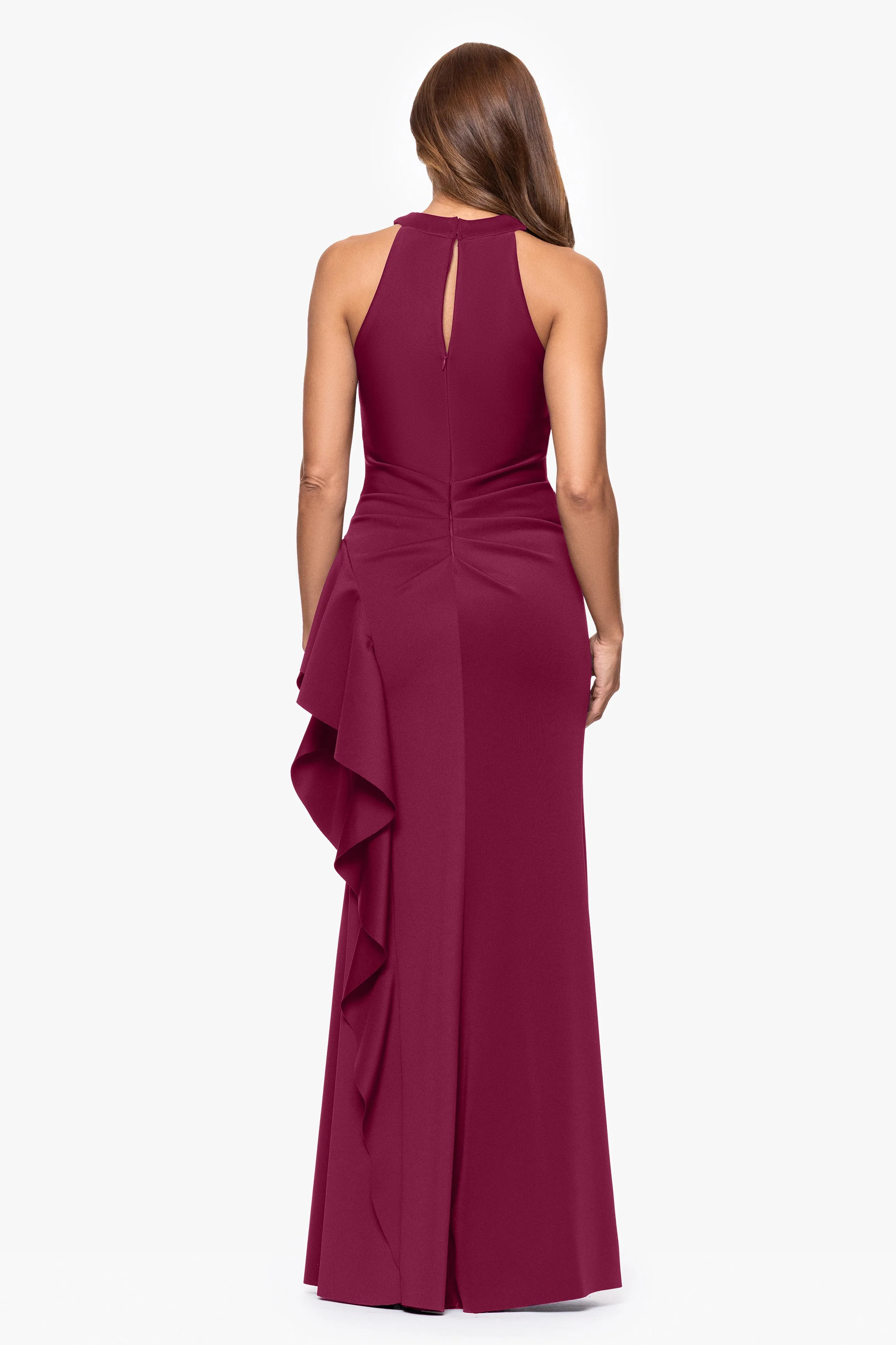 Petite "Gigi" Techno Scuba Cross Neck Ruffle Floor Length Dress sold by Xscape product image thumbnail 3