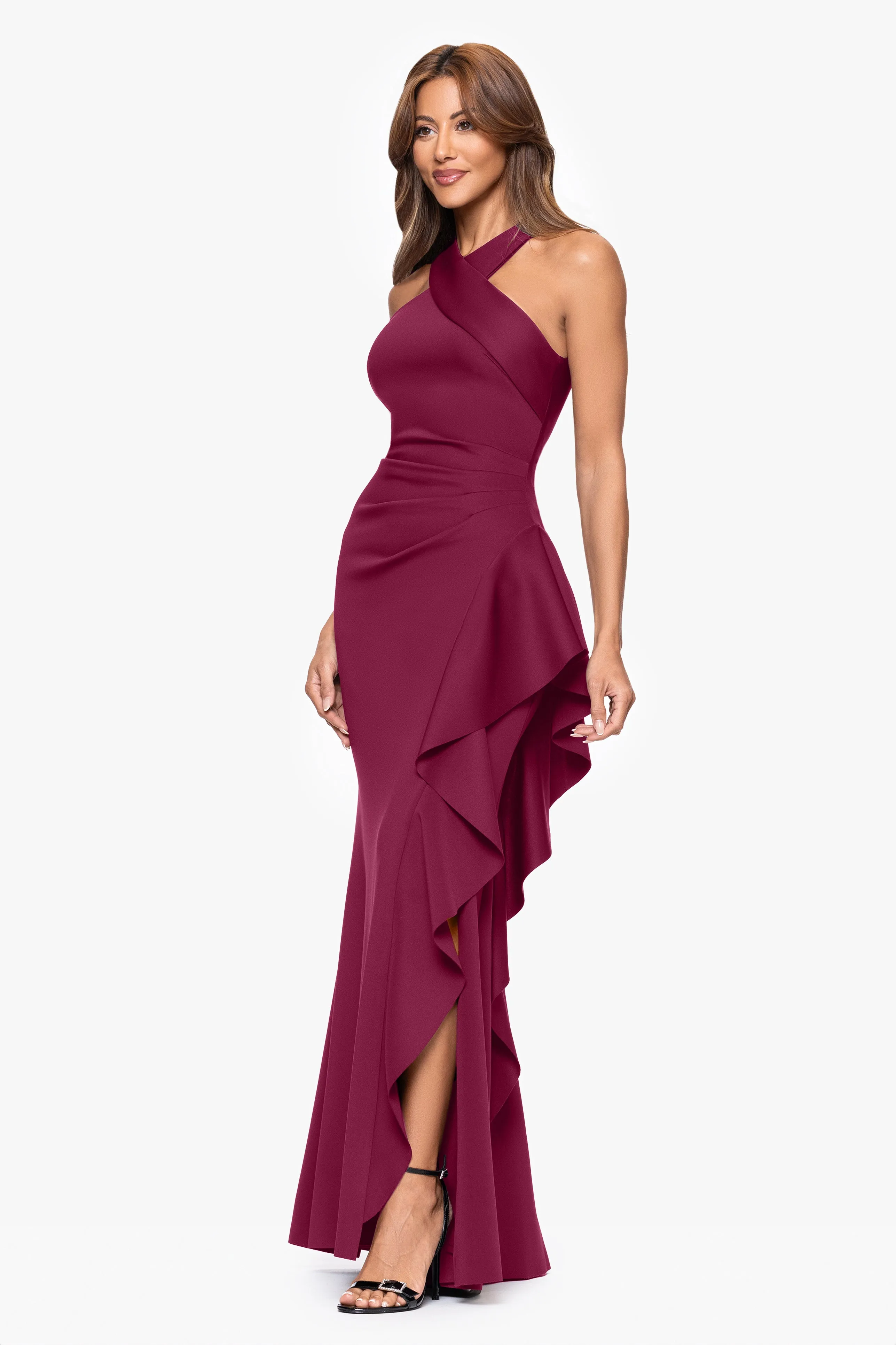 Petite "Gigi" Techno Scuba Cross Neck Ruffle Floor Length Dress sold by Xscape product image thumbnail 4