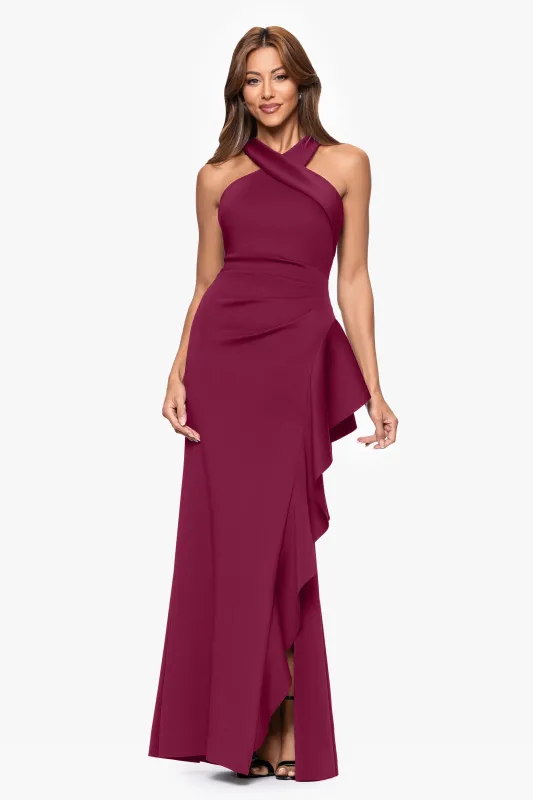 Petite "Gigi" Techno Scuba Cross Neck Ruffle Floor Length Dress made by Xscape