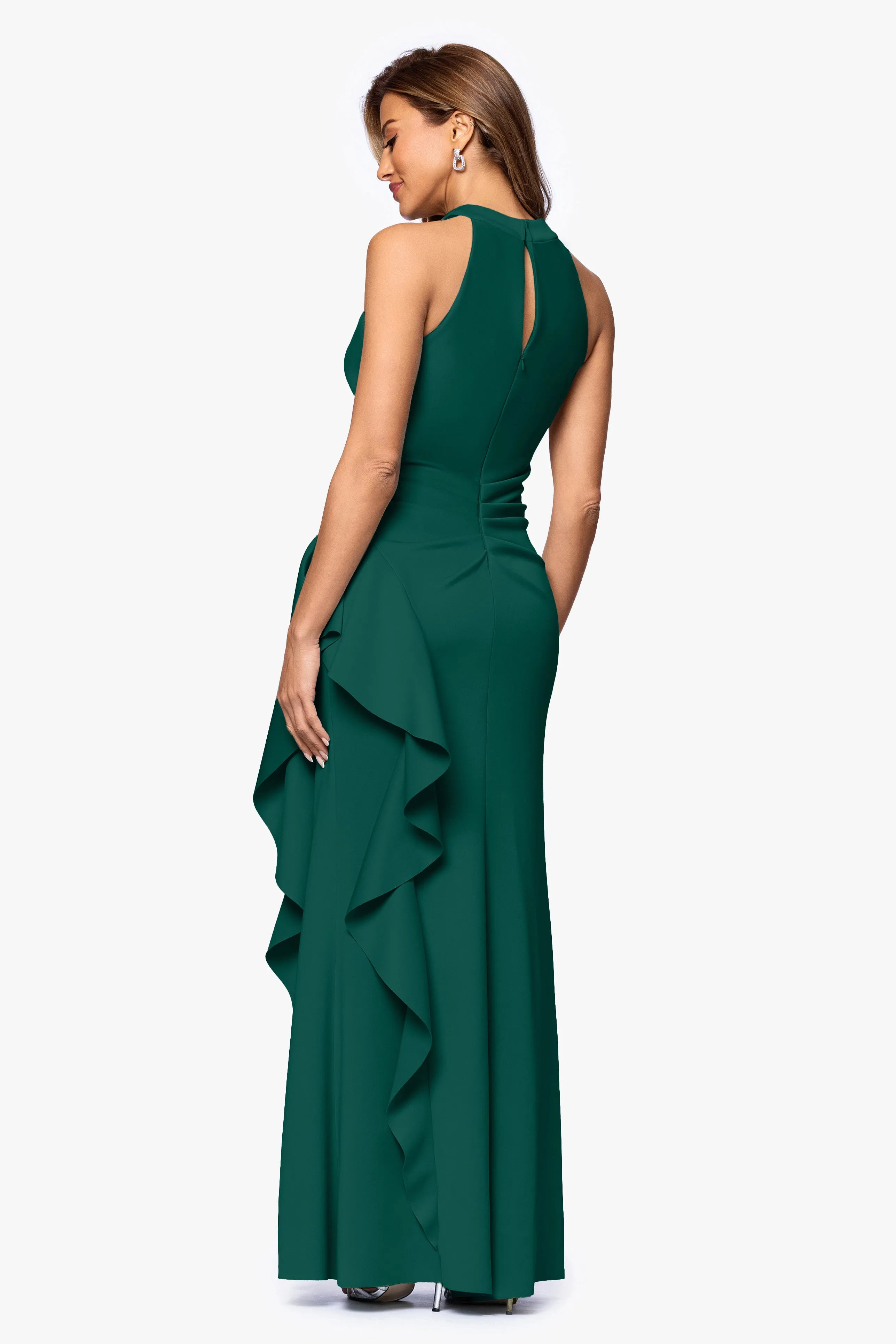 "Gigi" Techno Scuba Cross Neck Ruffle Floor Length Dress sold by Xscape product image thumbnail 3