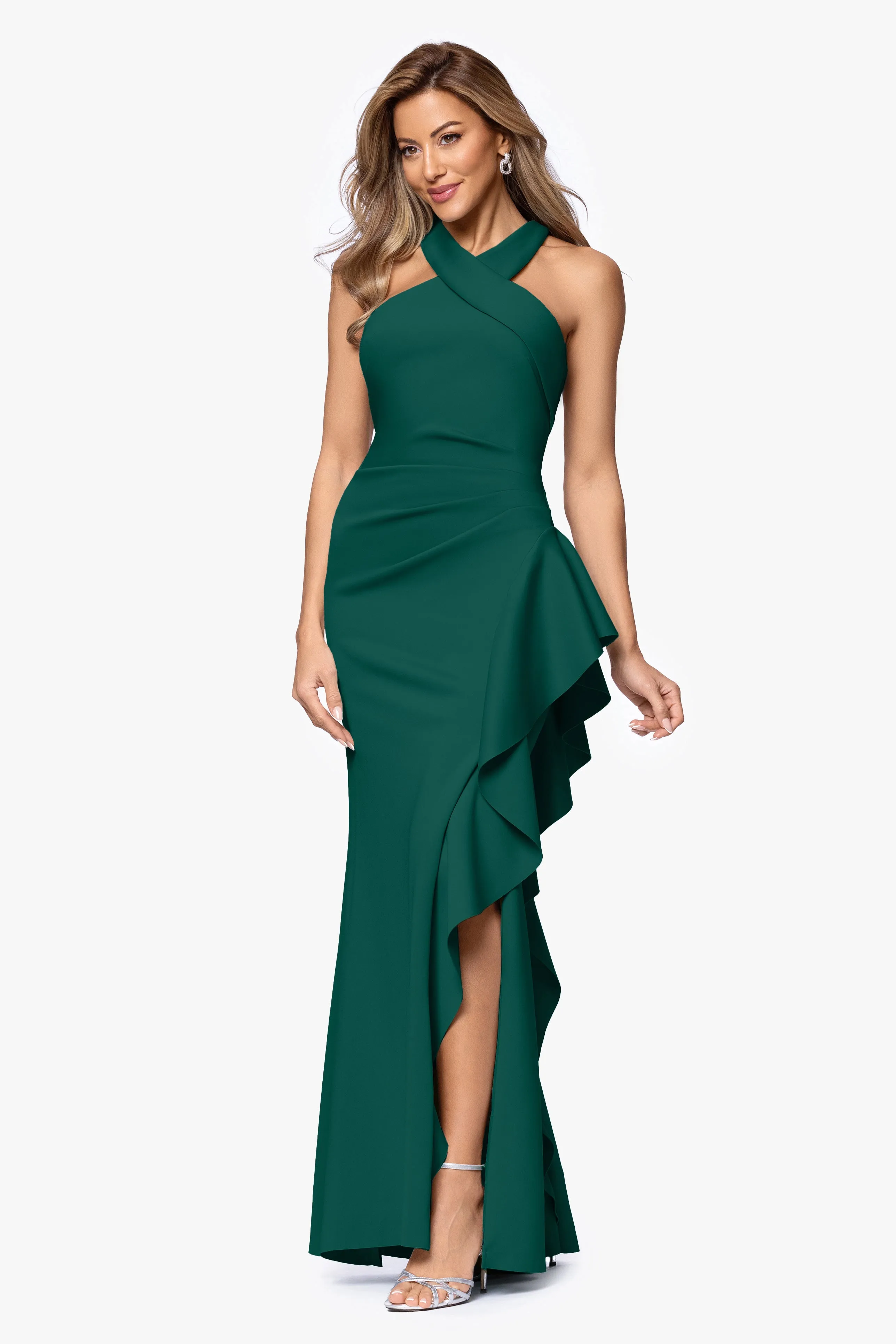 "Gigi" Techno Scuba Cross Neck Ruffle Floor Length Dress sold by Xscape product image thumbnail 4