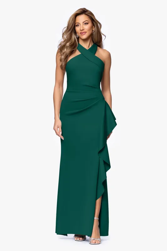 "Gigi" Techno Scuba Cross Neck Ruffle Floor Length Dress made by Xscape