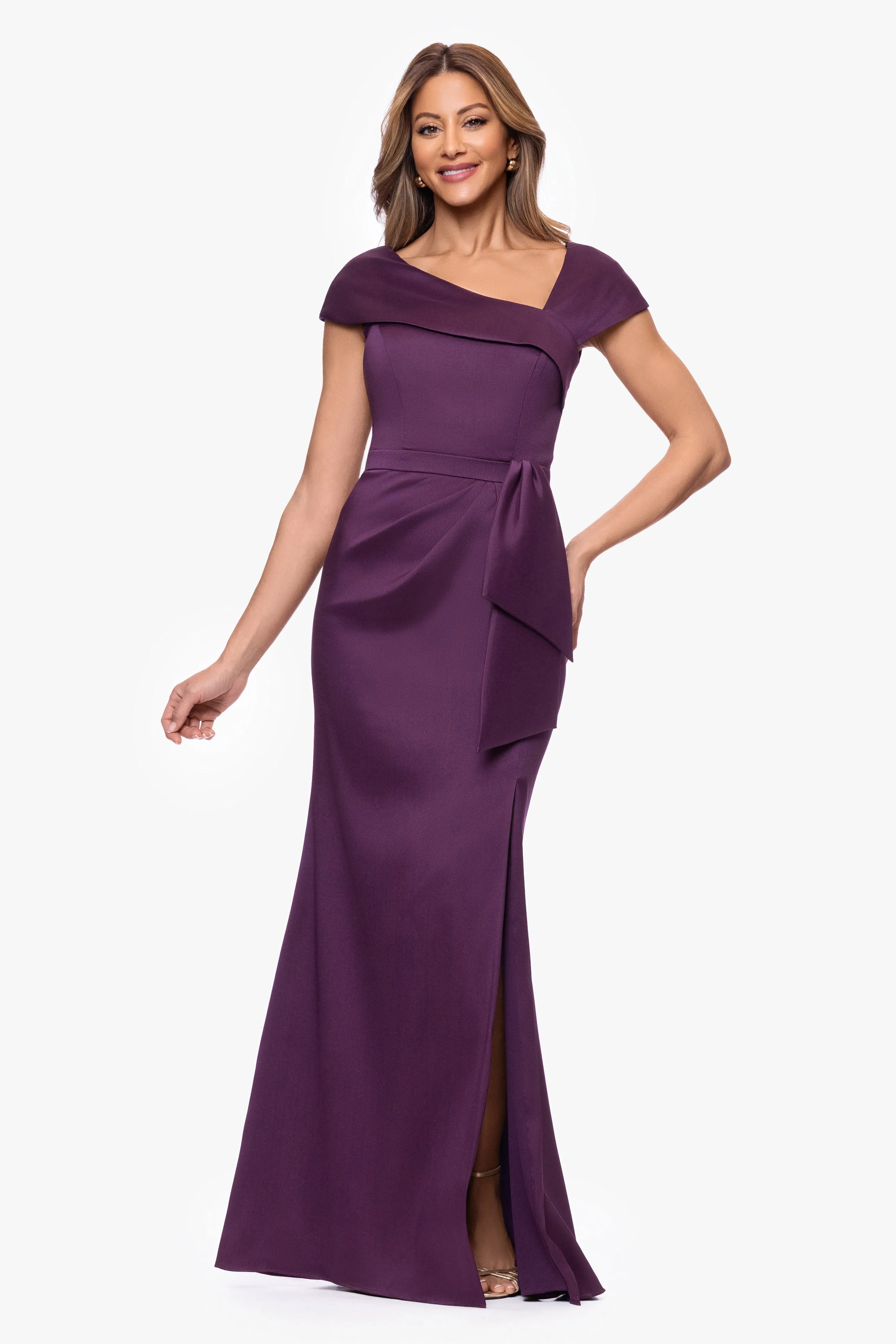 Petite "Katelyn" Stretch Mikado Asymmetrical Neckline Long Dress sold by Xscape