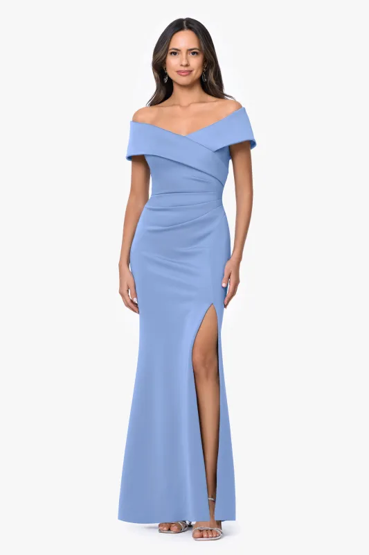 "Faye" Techno Scuba Pleated Rouche Long Dress made by Xscape