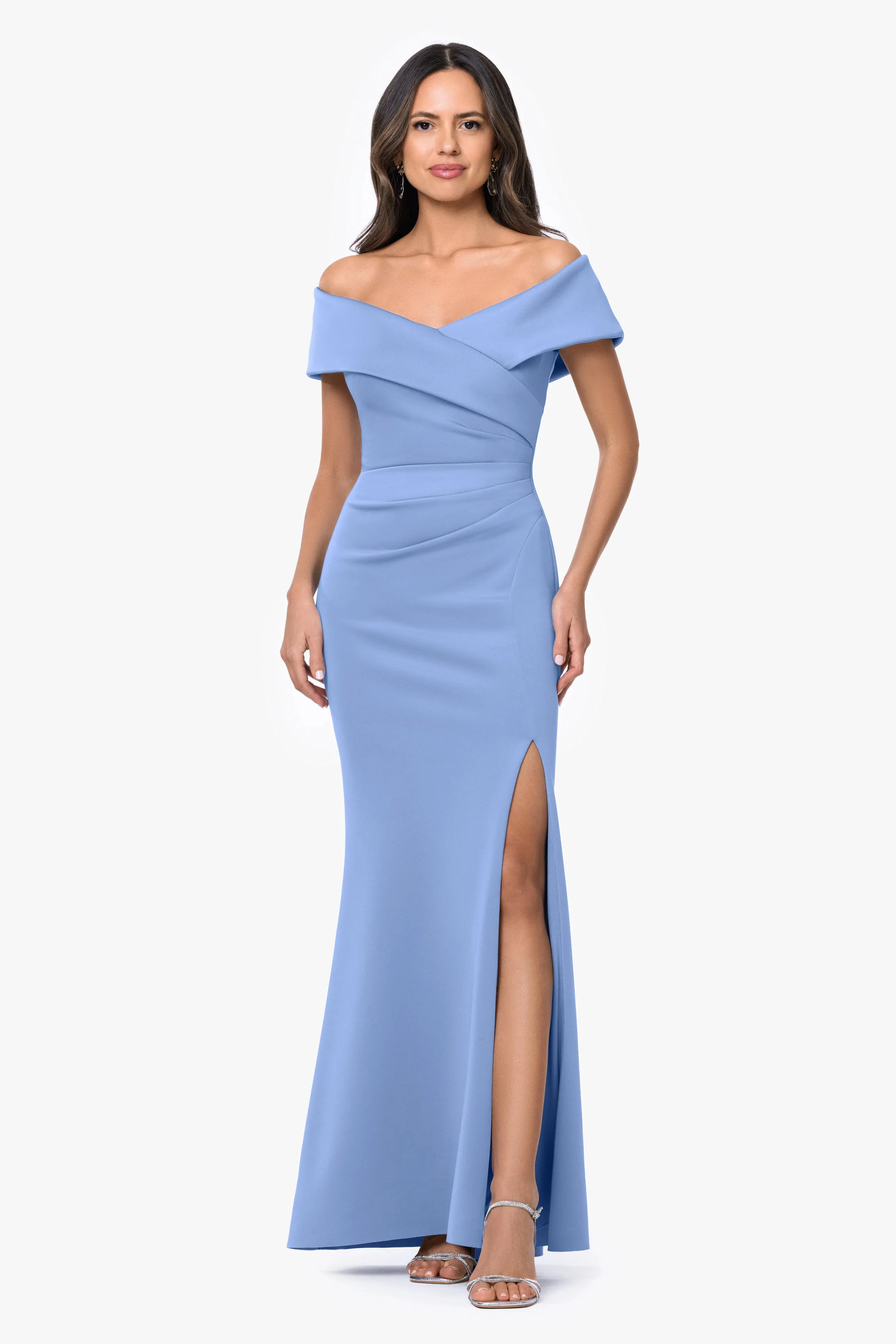 "Faye" Techno Scuba Pleated Rouche Long Dress sold by Xscape product image thumbnail 5