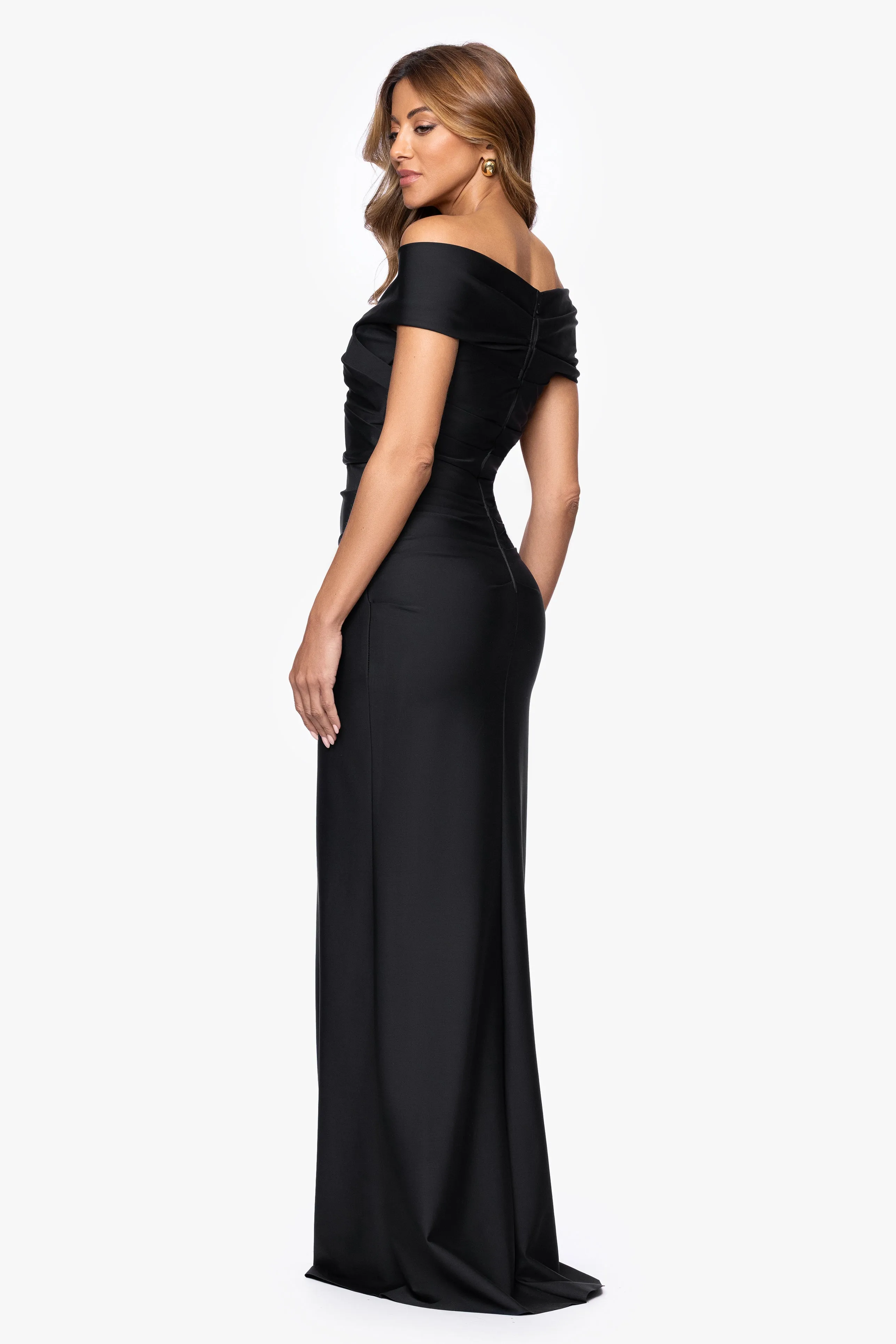 "Eloise" Bended Knit Off The Shoulder Rouche Long Dress sold by Xscape product image thumbnail 3