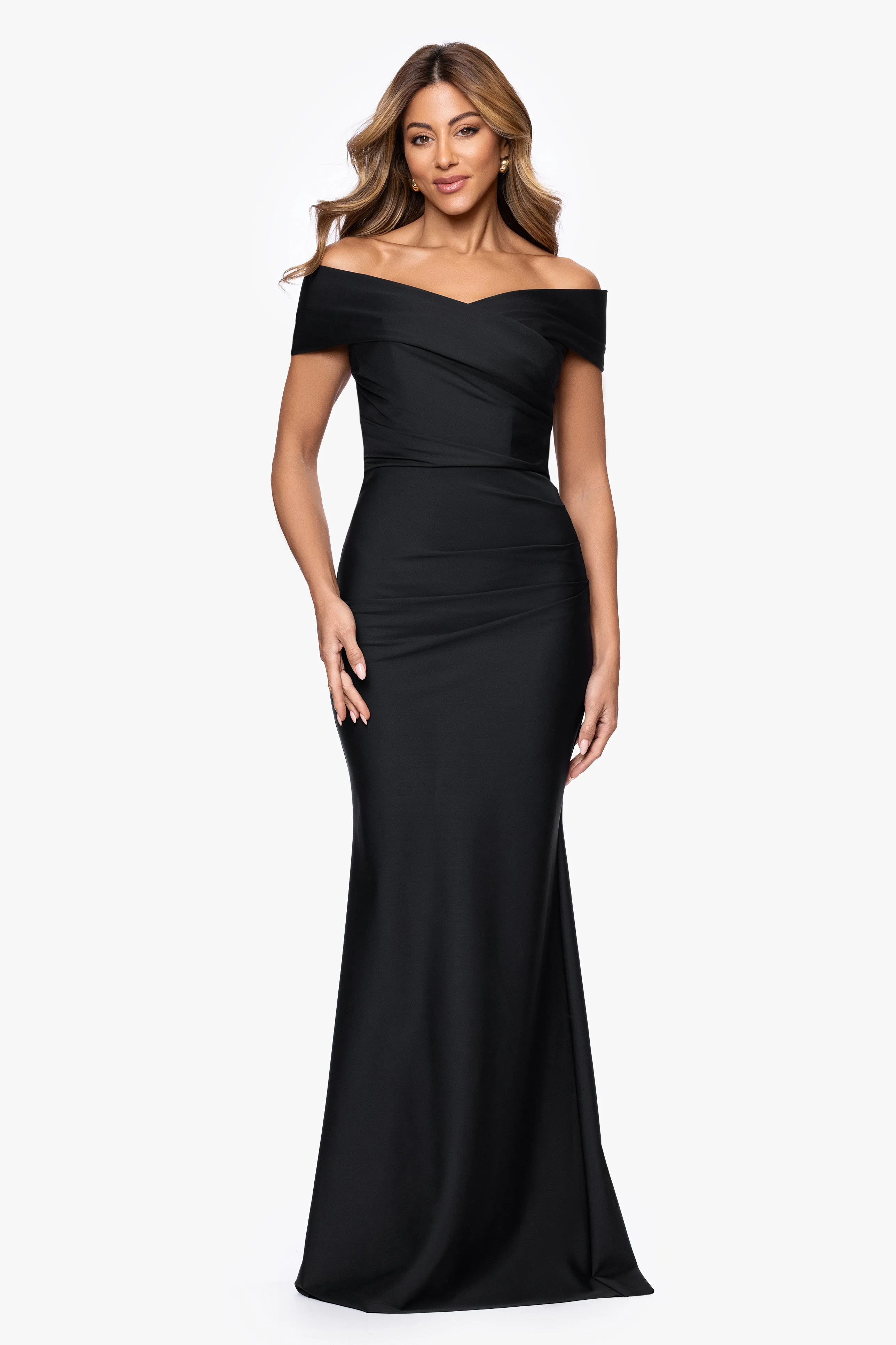 "Eloise" Bended Knit Off The Shoulder Rouche Long Dress sold by Xscape