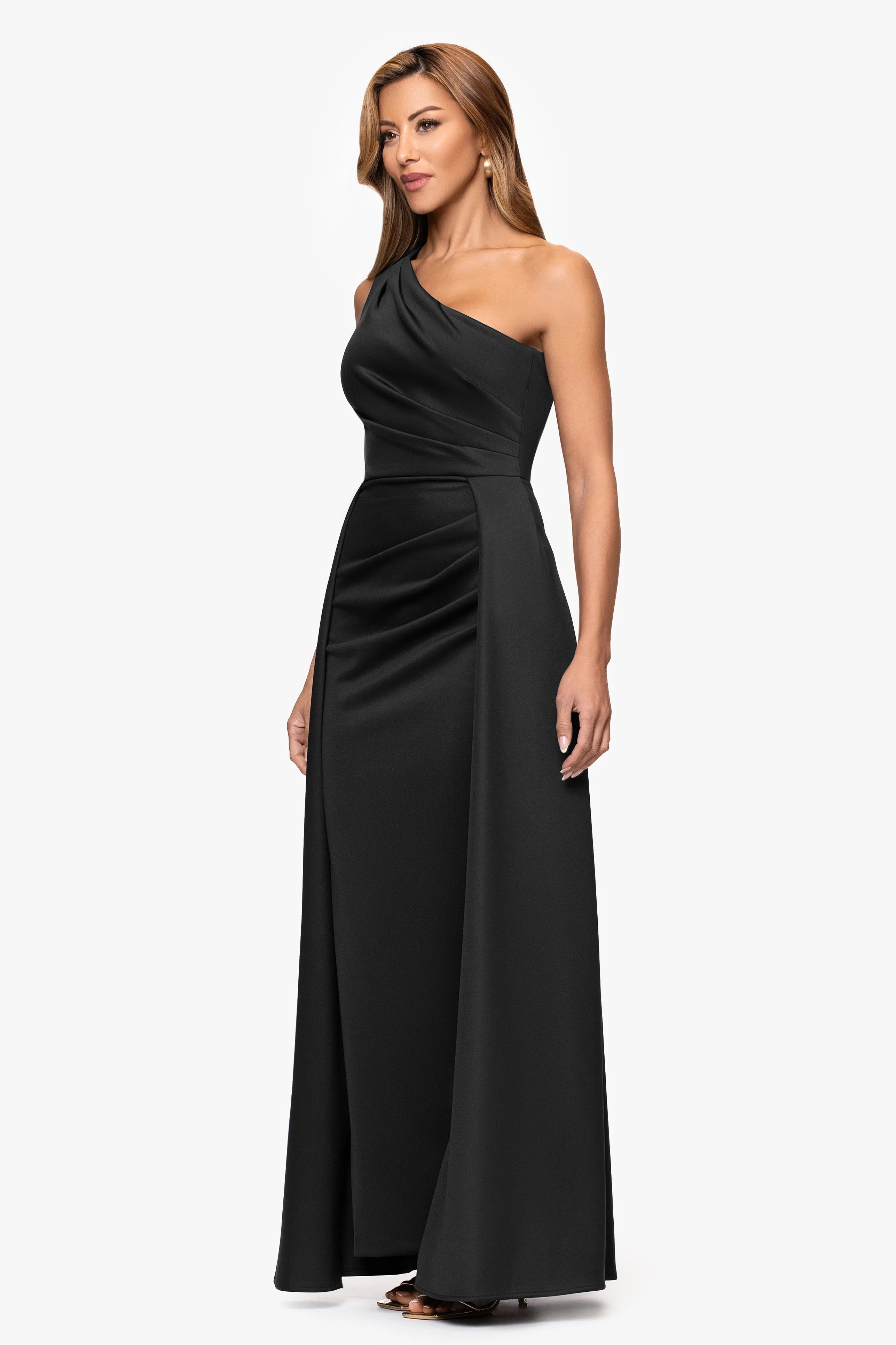 "Jalen" Techno Scuba One Shoulder Back Drape Floor Length Dress sold by Xscape product image thumbnail 4