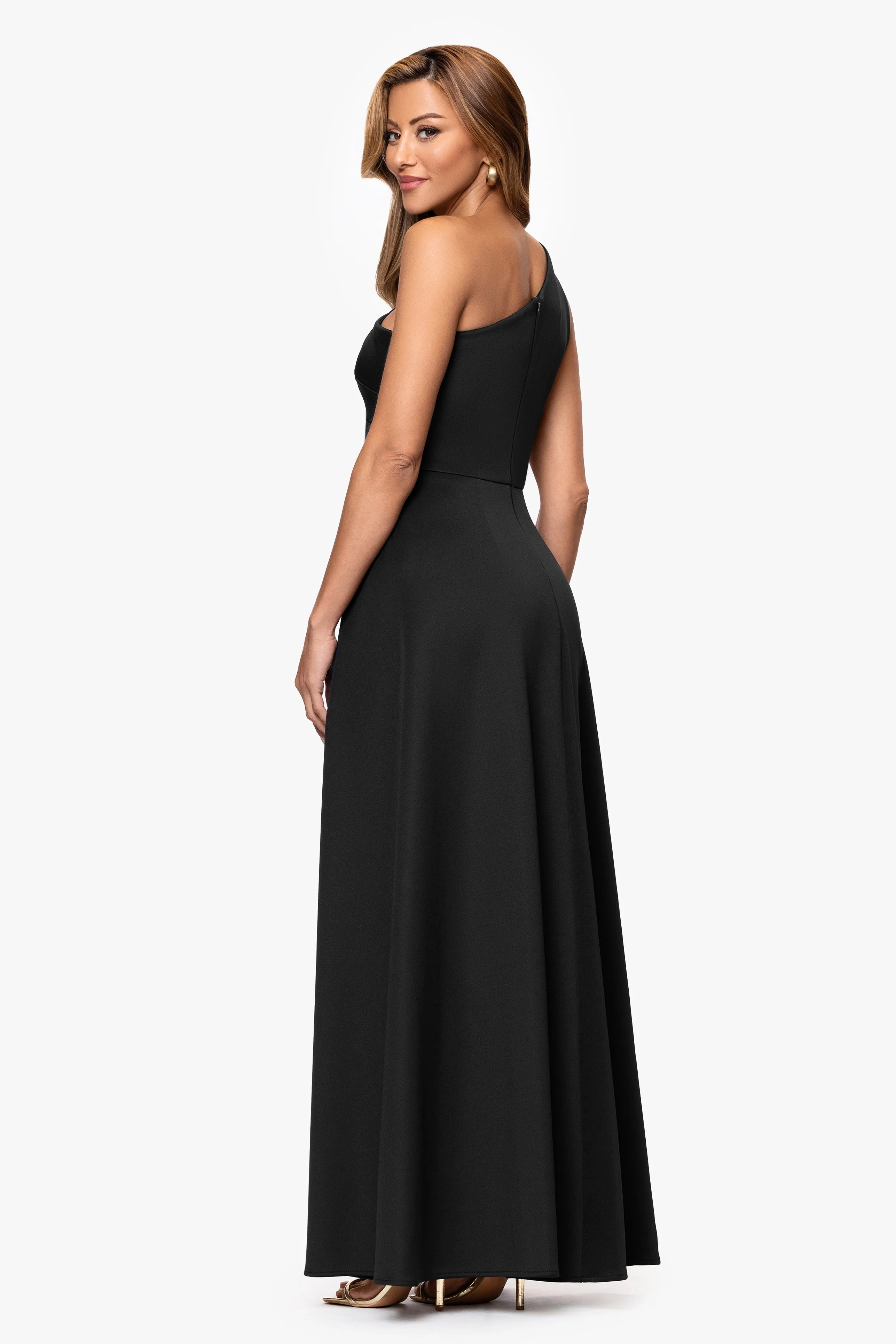 "Jalen" Techno Scuba One Shoulder Back Drape Floor Length Dress sold by Xscape product image thumbnail 3