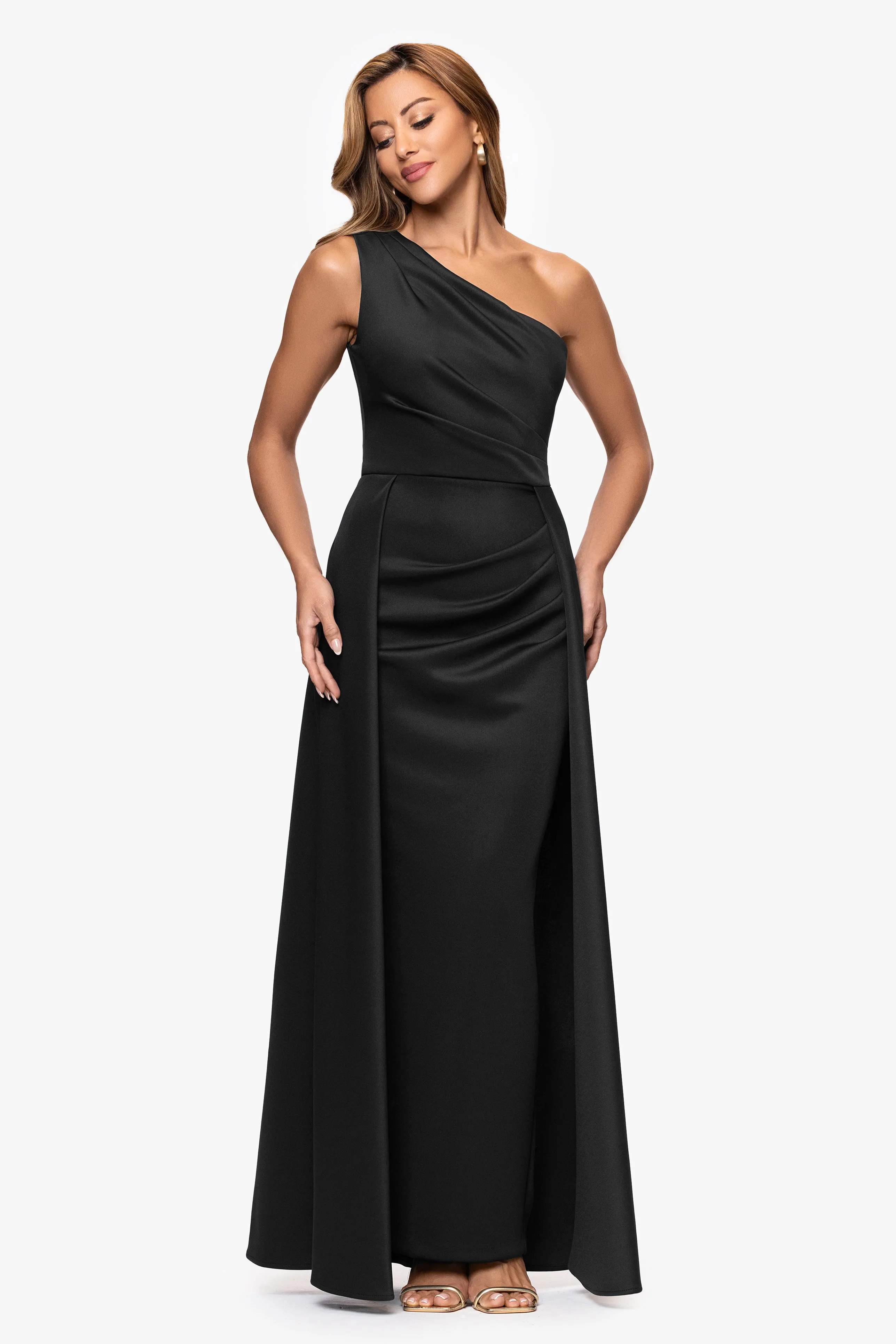"Jalen" Techno Scuba One Shoulder Back Drape Floor Length Dress sold by Xscape