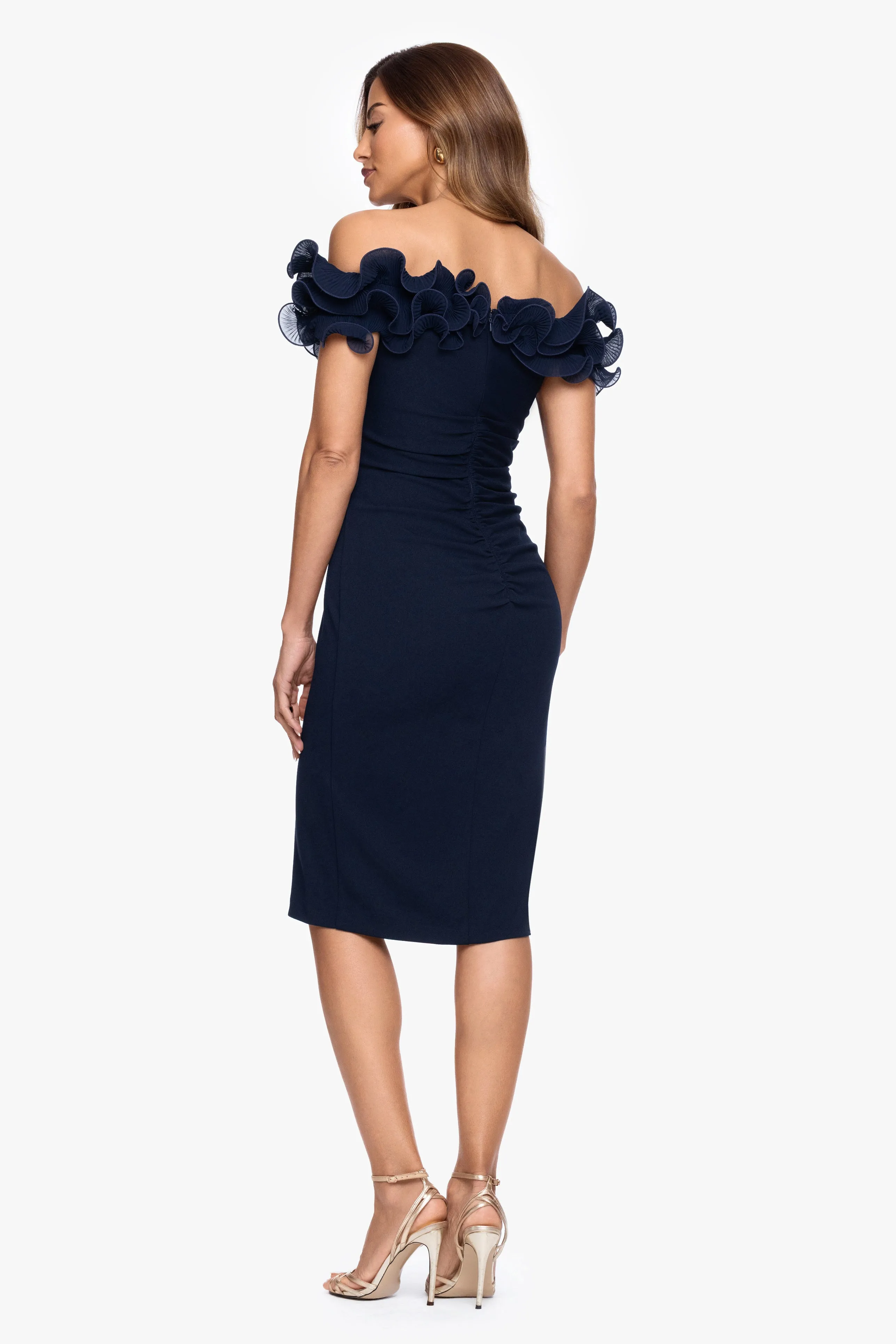 "Natalia" Scuba Crepe Off the Shoulder Ruffle Neck Midi Dress sold by Xscape product image thumbnail 3