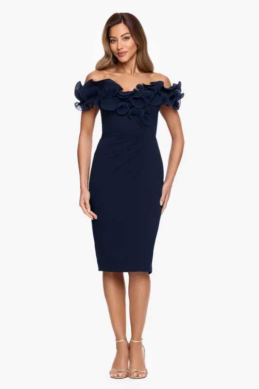"Natalia" Scuba Crepe Off the Shoulder Ruffle Neck Midi Dress made by Xscape