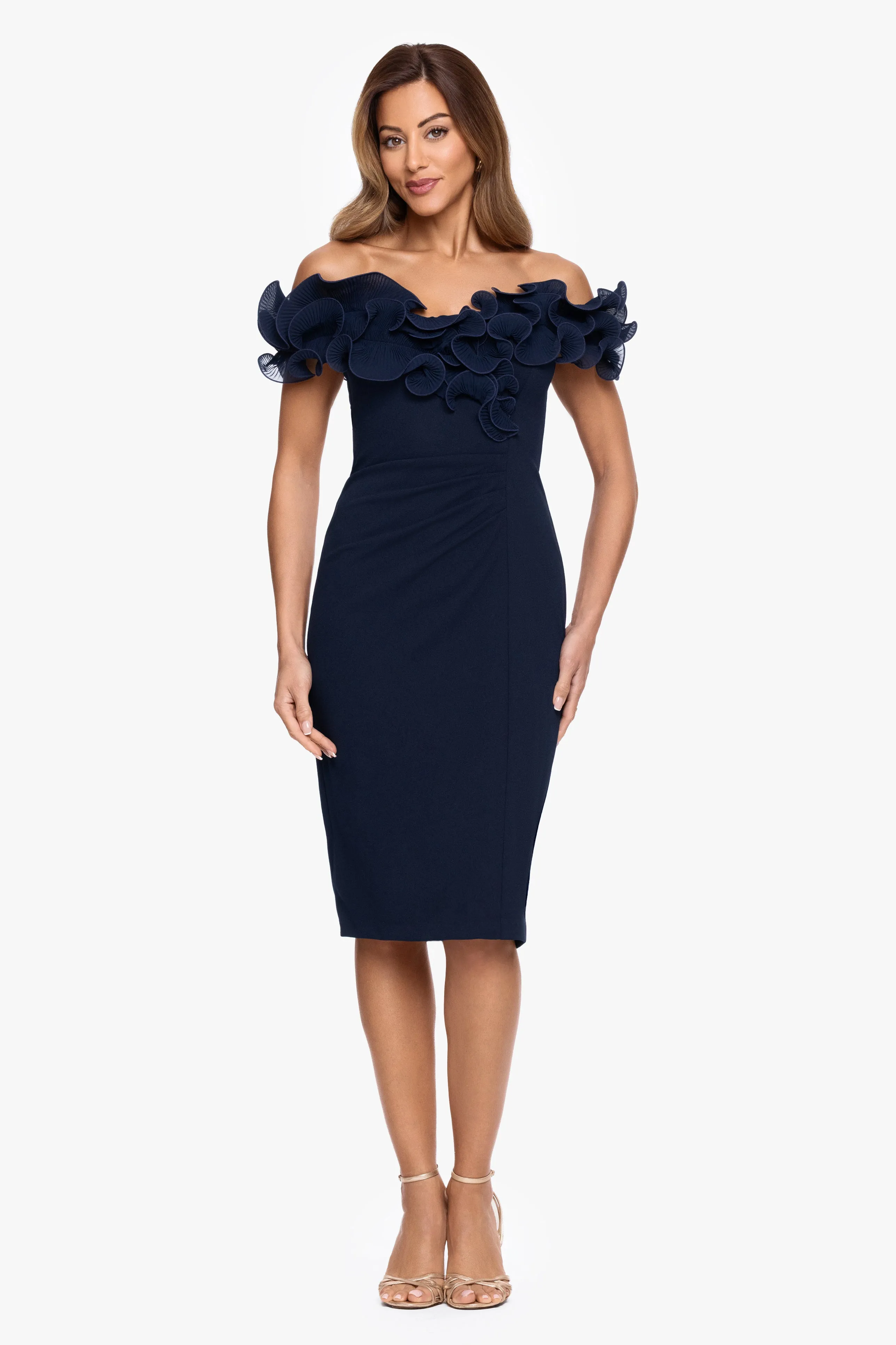 "Natalia" Scuba Crepe Off the Shoulder Ruffle Neck Midi Dress sold by Xscape
