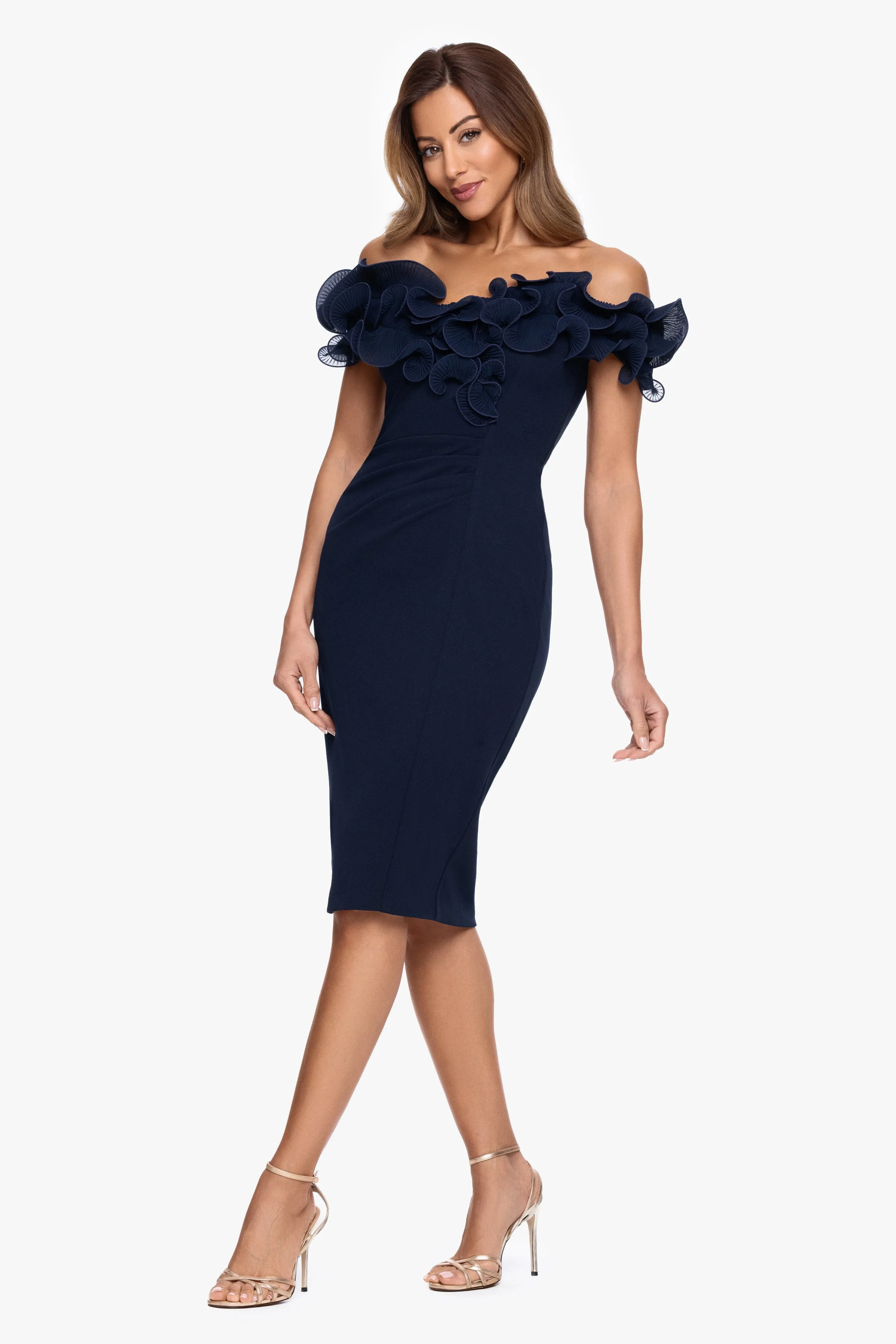 "Natalia" Scuba Crepe Off the Shoulder Ruffle Neck Midi Dress sold by Xscape product image thumbnail 4