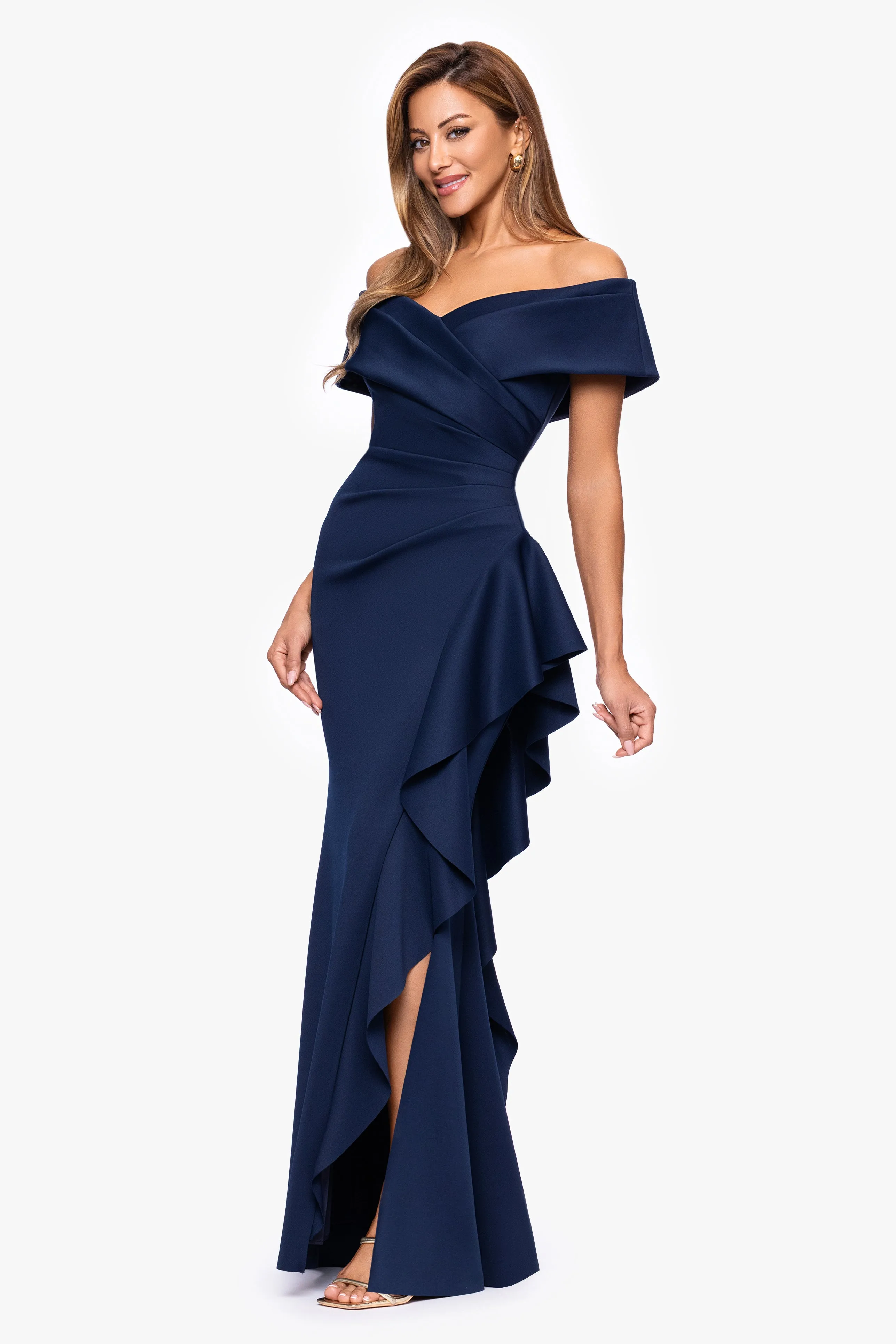 "Pearl" Techno Scuba Off the Shoulder Ruffle Floor Length Dress sold by Xscape product image thumbnail 4