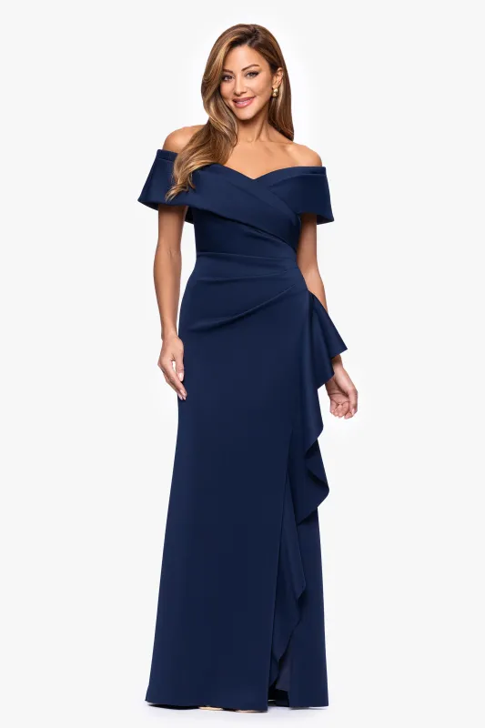"Pearl" Techno Scuba Off the Shoulder Ruffle Floor Length Dress made by Xscape