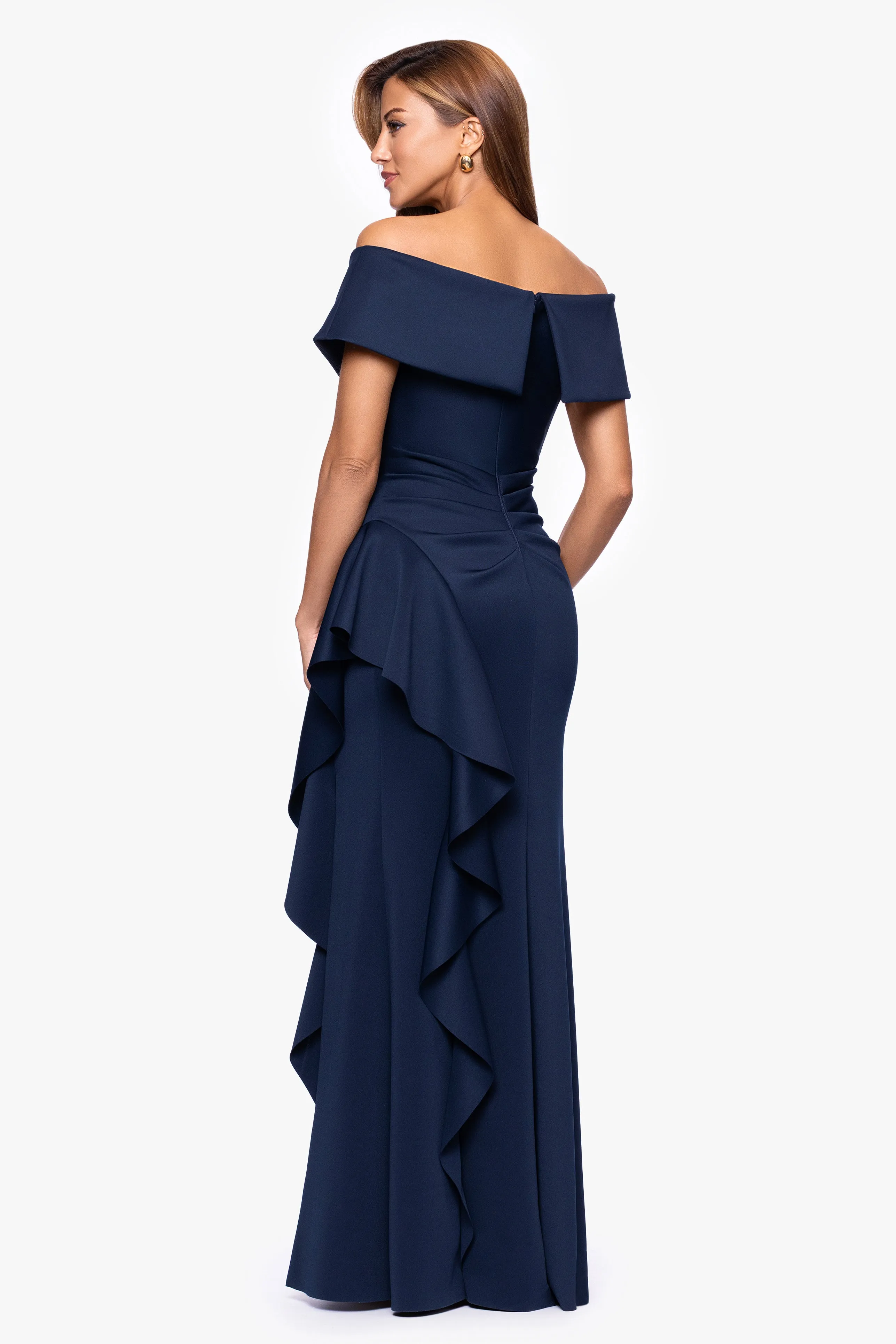 "Pearl" Techno Scuba Off the Shoulder Ruffle Floor Length Dress sold by Xscape product image thumbnail 3